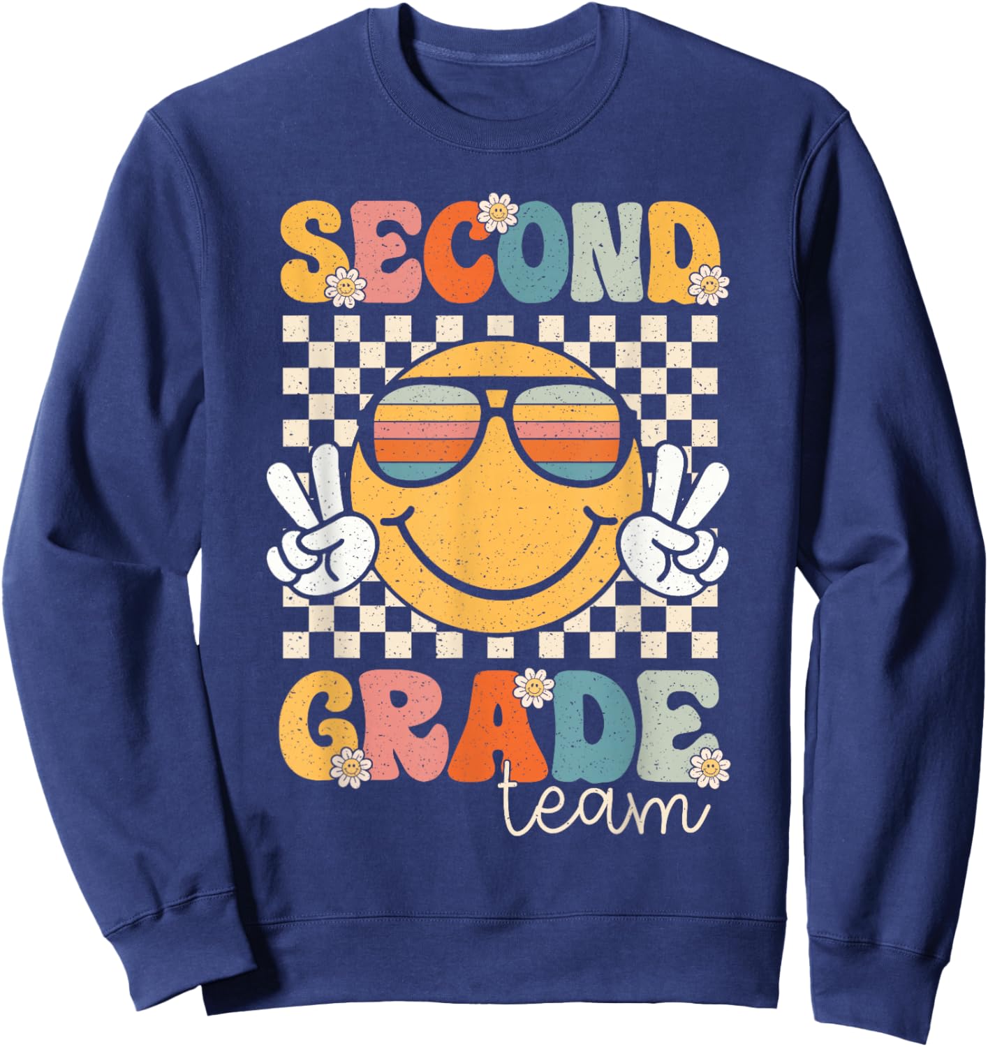 Second Grade Team Smile Retro 1st Day of School 2nd Grade Sweatshirt - Sweatshirt | Navy
