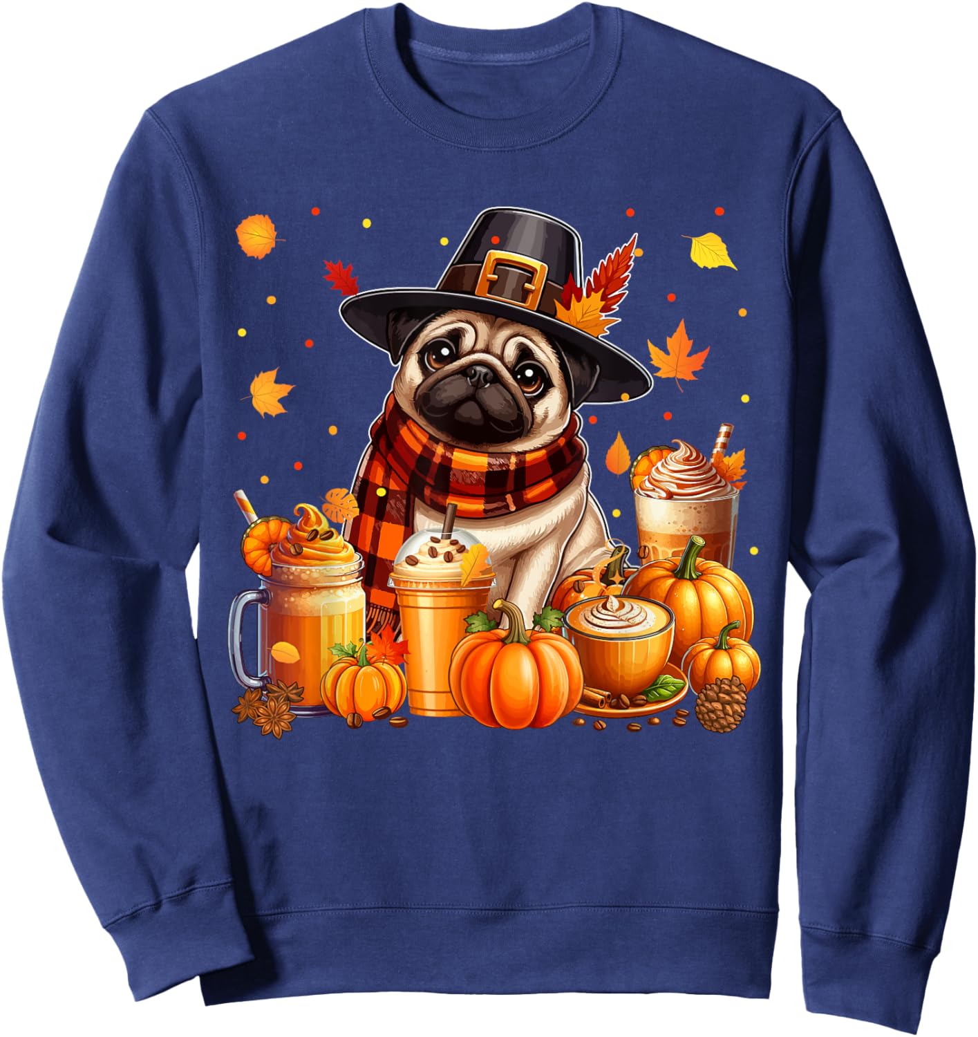 Pug Thanksgiving Drinks Coffee Fall Leaves Pumpkins Sweatshirt - Sweatshirt | Navy
