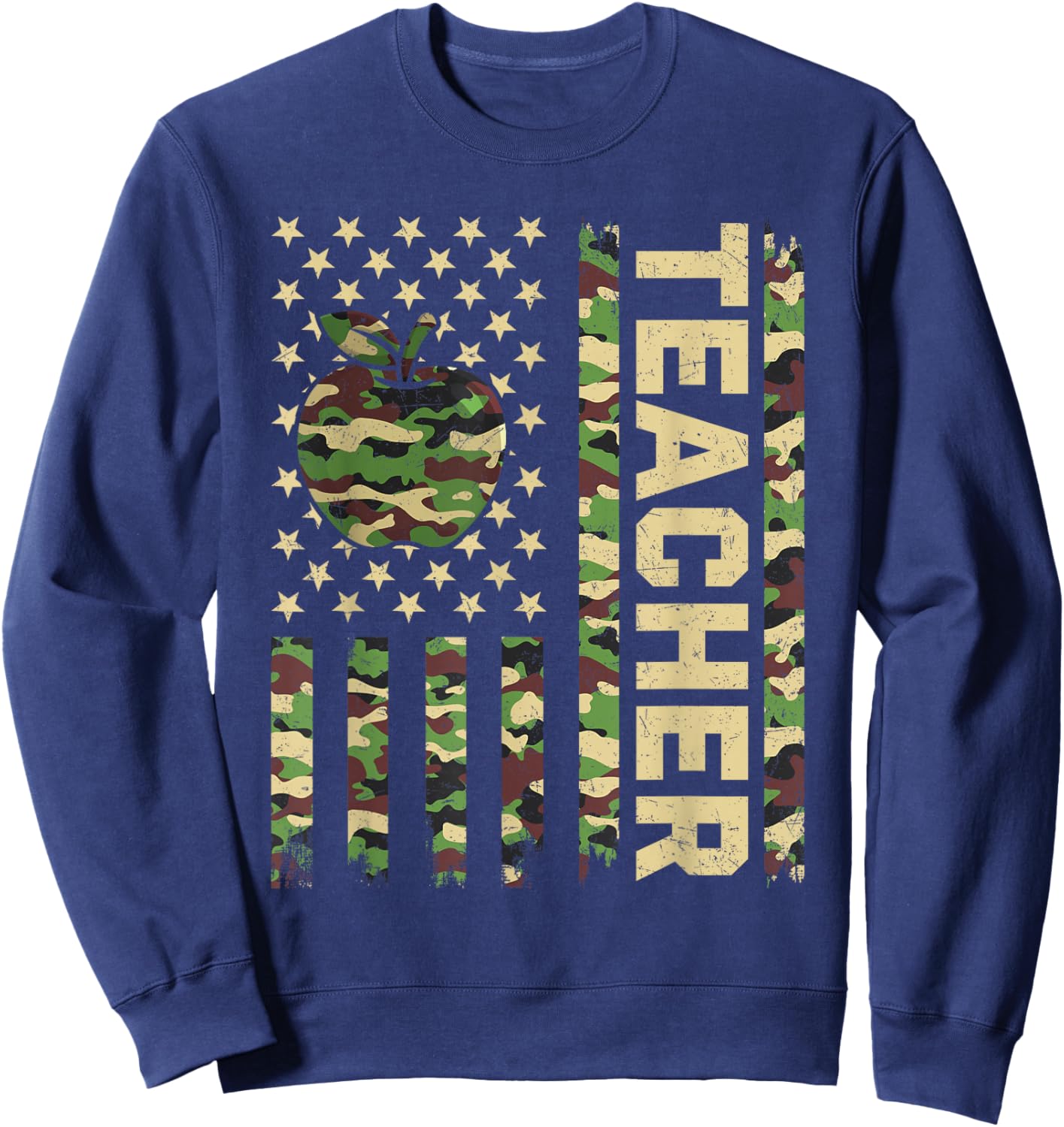 Camo Teacher Vintage Camouflage US USA Flag 4th of July Sweatshirt - Sweatshirt | Navy