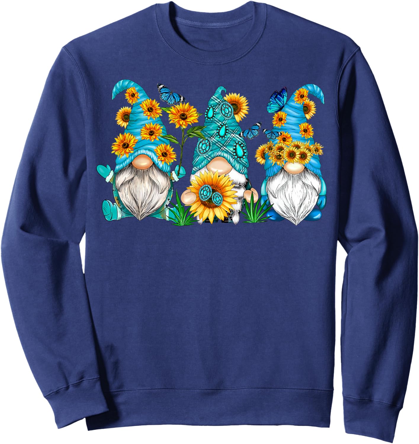 Cute Gnomes With Sunflower Butterfly Gardeners Summer Floral Sweatshirt - Sweatshirt | Navy