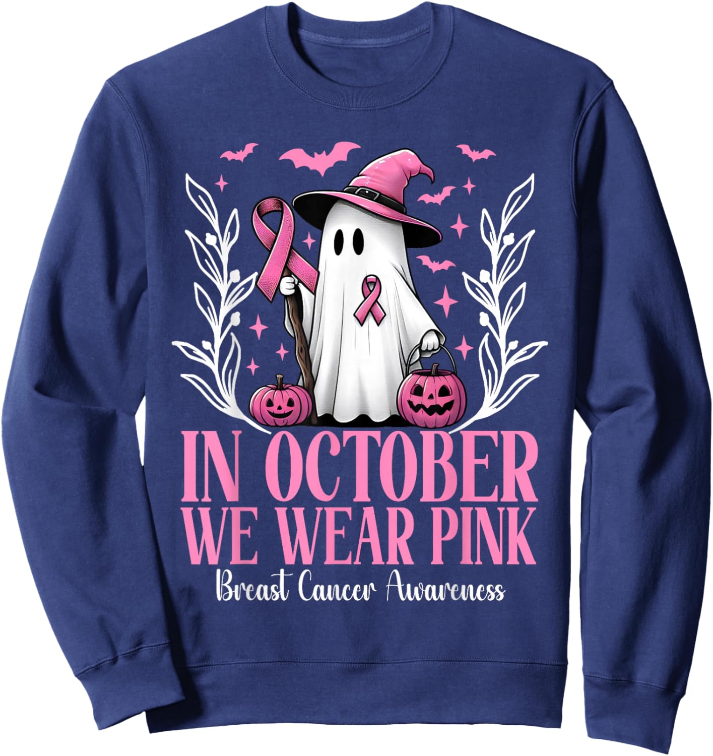 In October We Wear Pink Breast Cancer Witch Ghost Halloween Sweatshirt - Sweatshirt | Navy