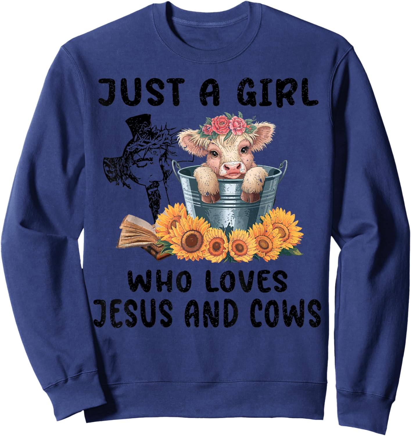 Just a Girl Who Loves Jesus and Highland Cows Scottish Sweatshirt - Sweatshirt | Navy