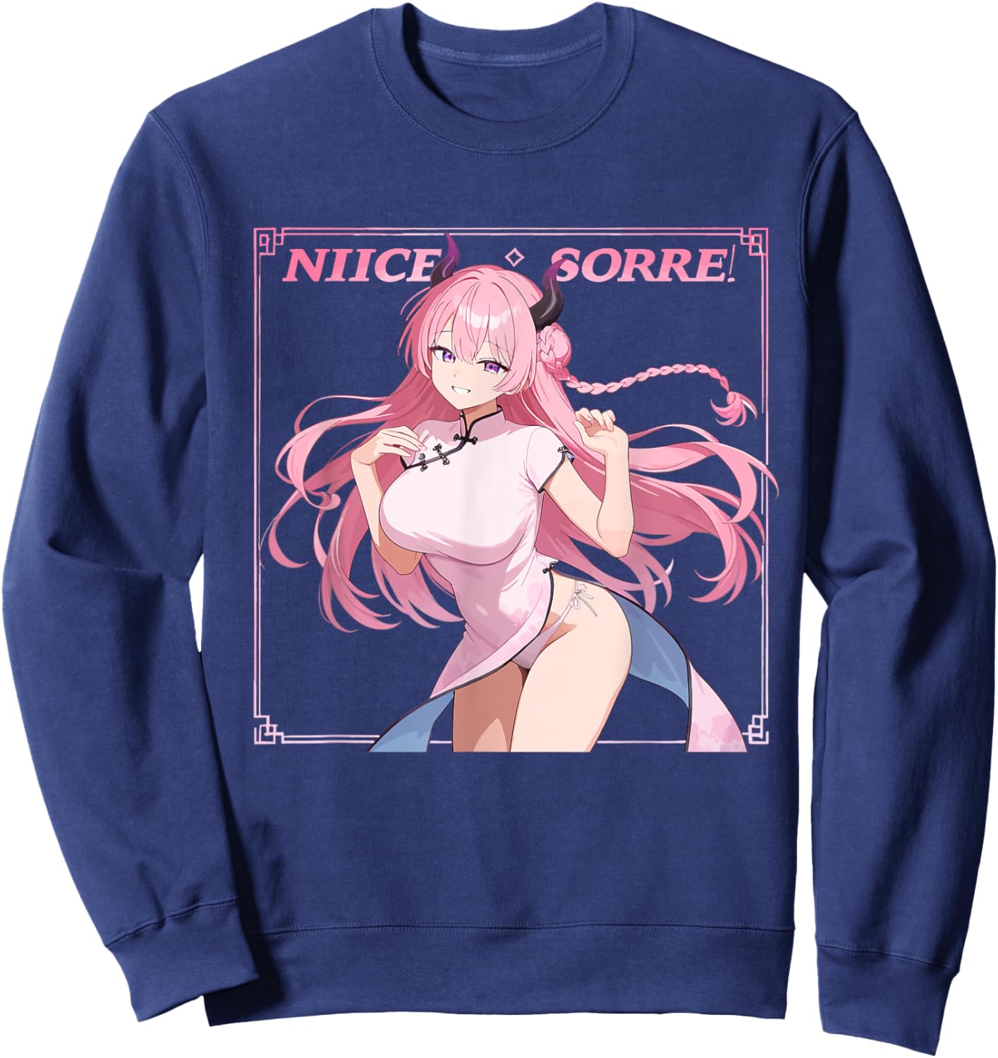 Waifu Sexy Anime Girl Horns Japanese Retro Art Sweatshirt - Sweatshirt | Navy