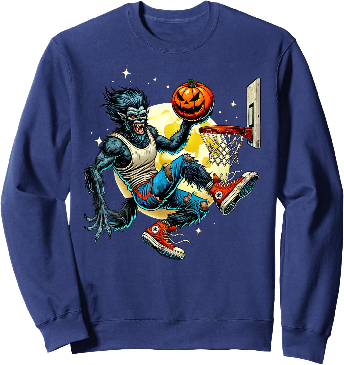 Halloween Werewolf Basketball Player Slam Dunk Graphic Sweatshirt - Sweatshirt | Navy