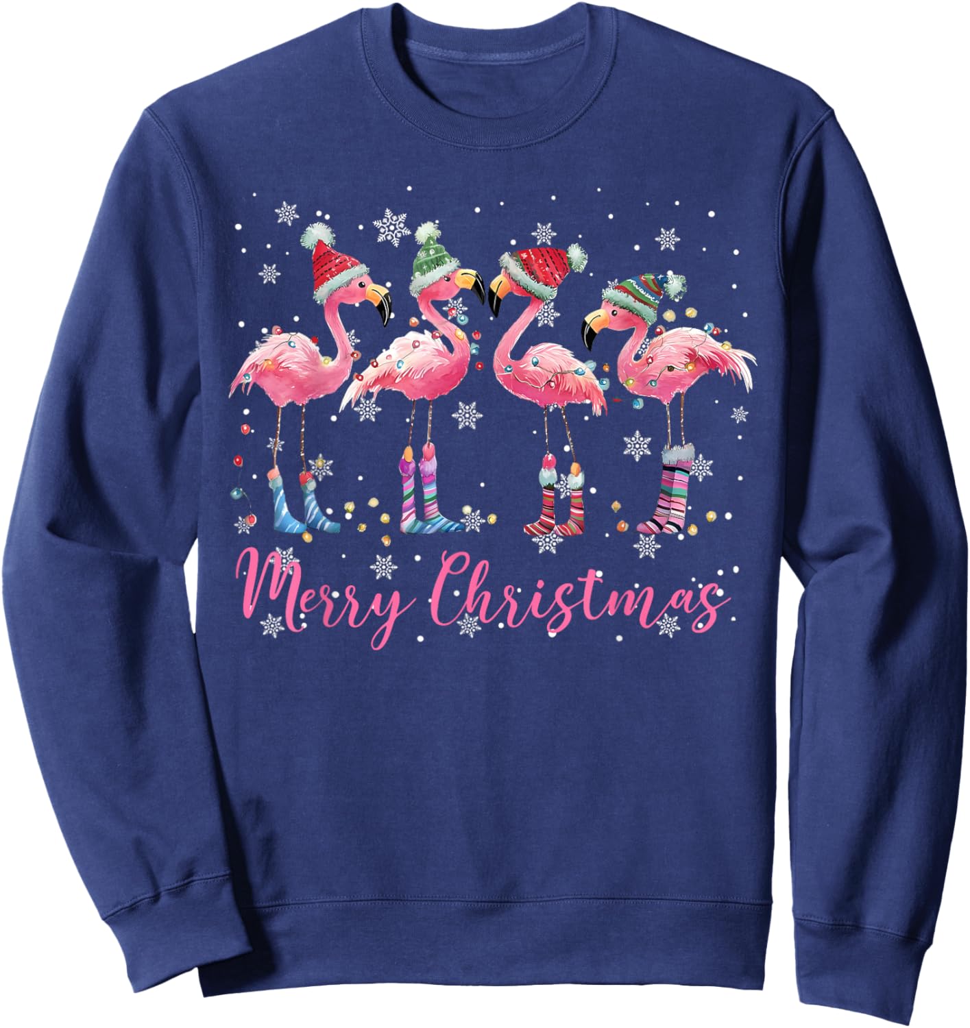 Merry Christmas Hat Santa Flamingo Light Christmas Snow Xmas Sweatshirt - Sweatshirt | Navy