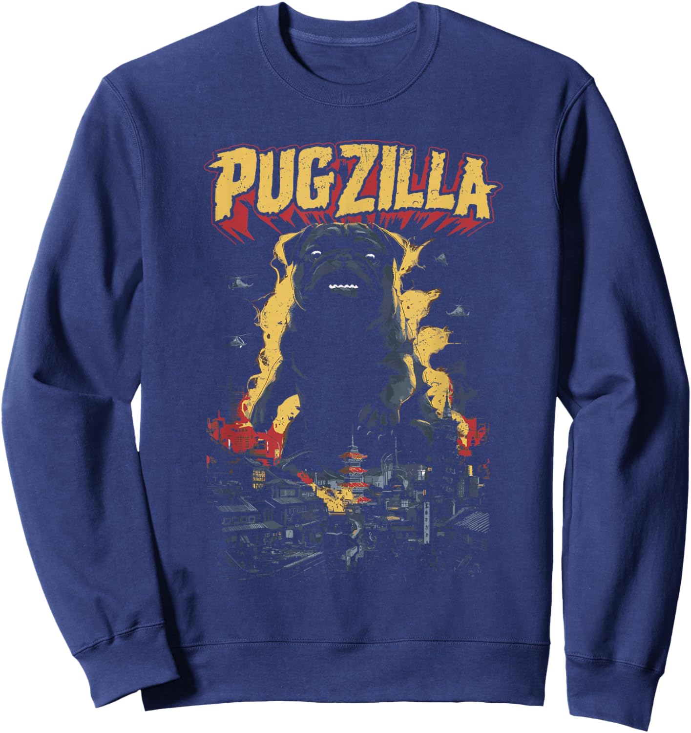 Pug Pet Dog Breed Pugzilla Funny Pug Lover Pug Owner Distressed -Adult Black Short Sleeve Sweatshirt - Sweatshirt | Navy