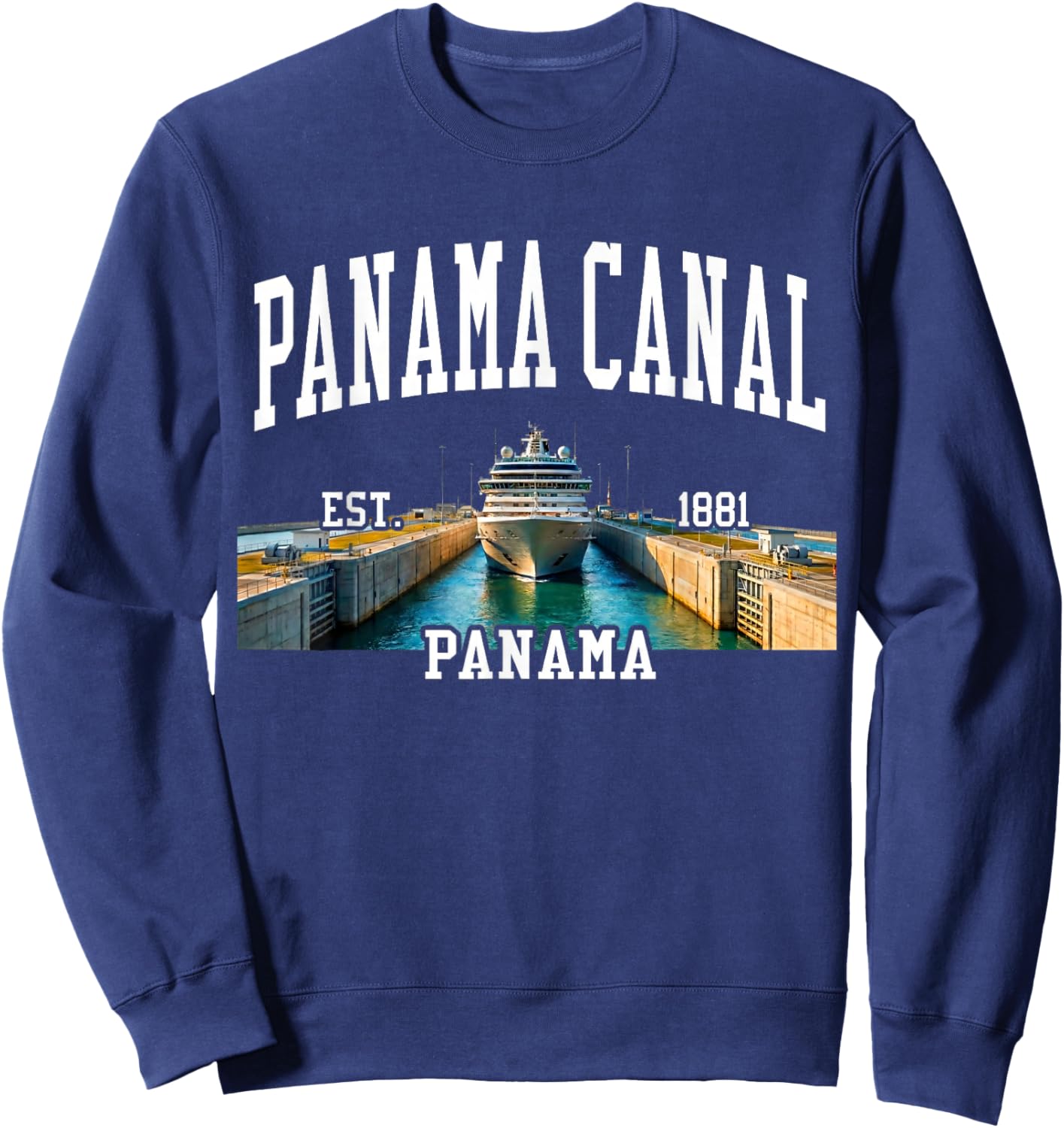 Retro Panama Canal Cruising, Ship in Locks, Retro Graphic Sweatshirt - Sweatshirt | Navy