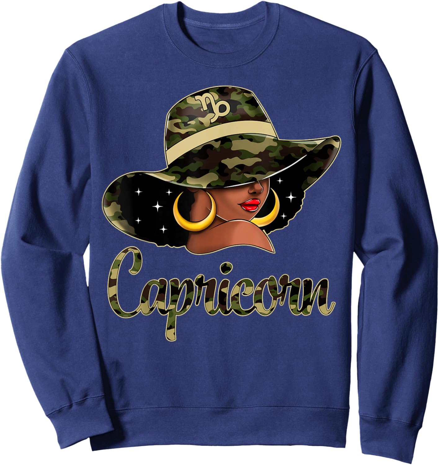 Capricorn Queen Black Woman With Hat Camo Afro Woman Zodiac Sweatshirt - Sweatshirt | Navy