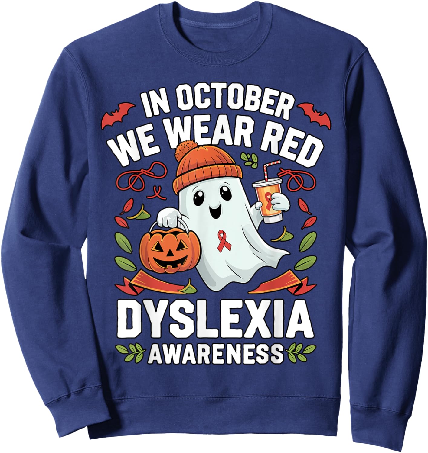Awareness Ribbon October Wear Red Dyslexia Awareness Ghost Sweatshirt - Sweatshirt | Navy