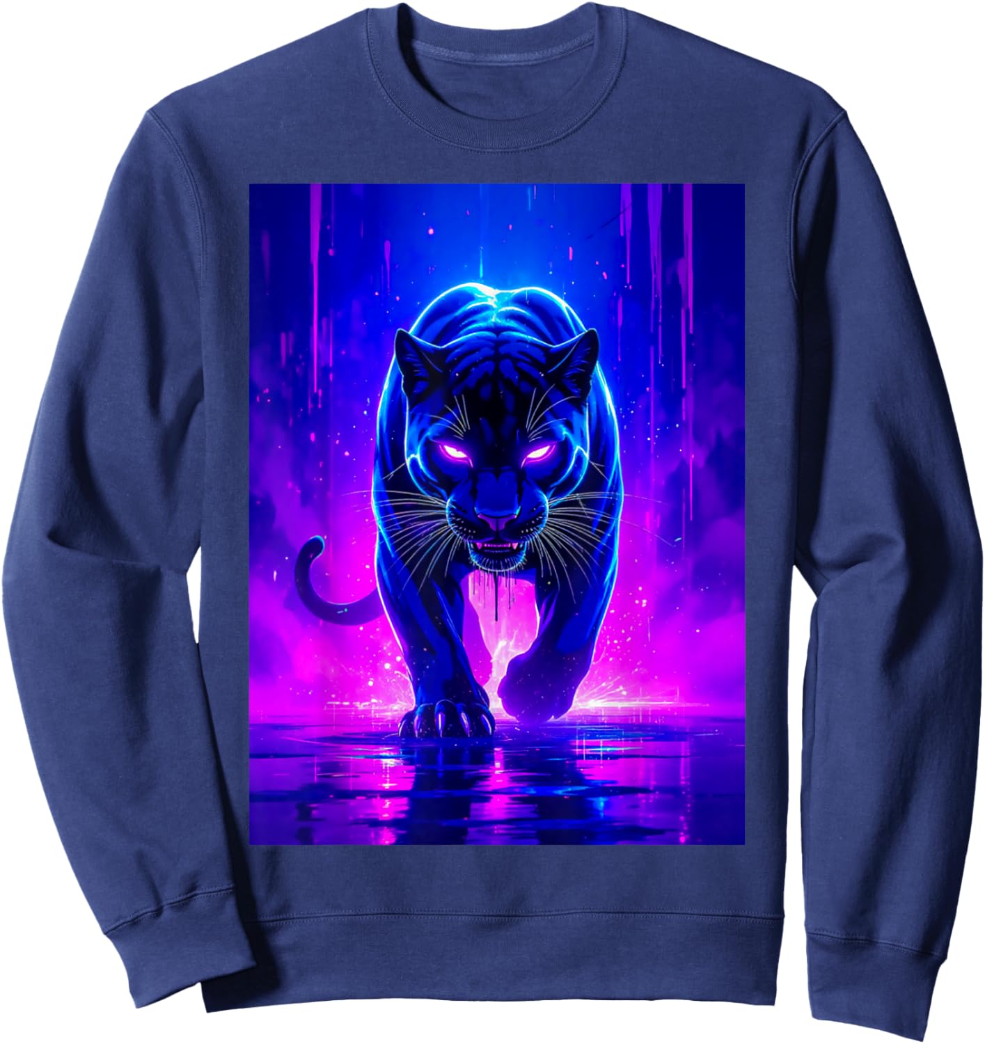 A Fierce Panther Glows in Purple and Pink Electric Flames Sweatshirt - Sweatshirt | Navy
