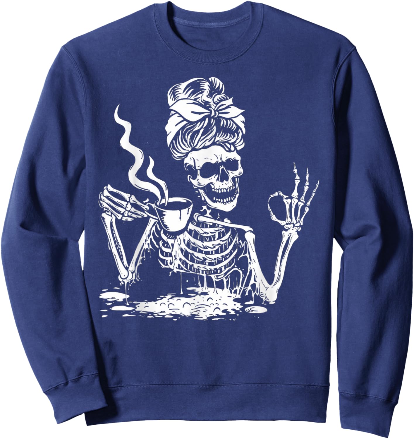 Skeleton Drinking Coffee Messy Bun Women Halloween Skeleton Sweatshirt - Sweatshirt | Navy