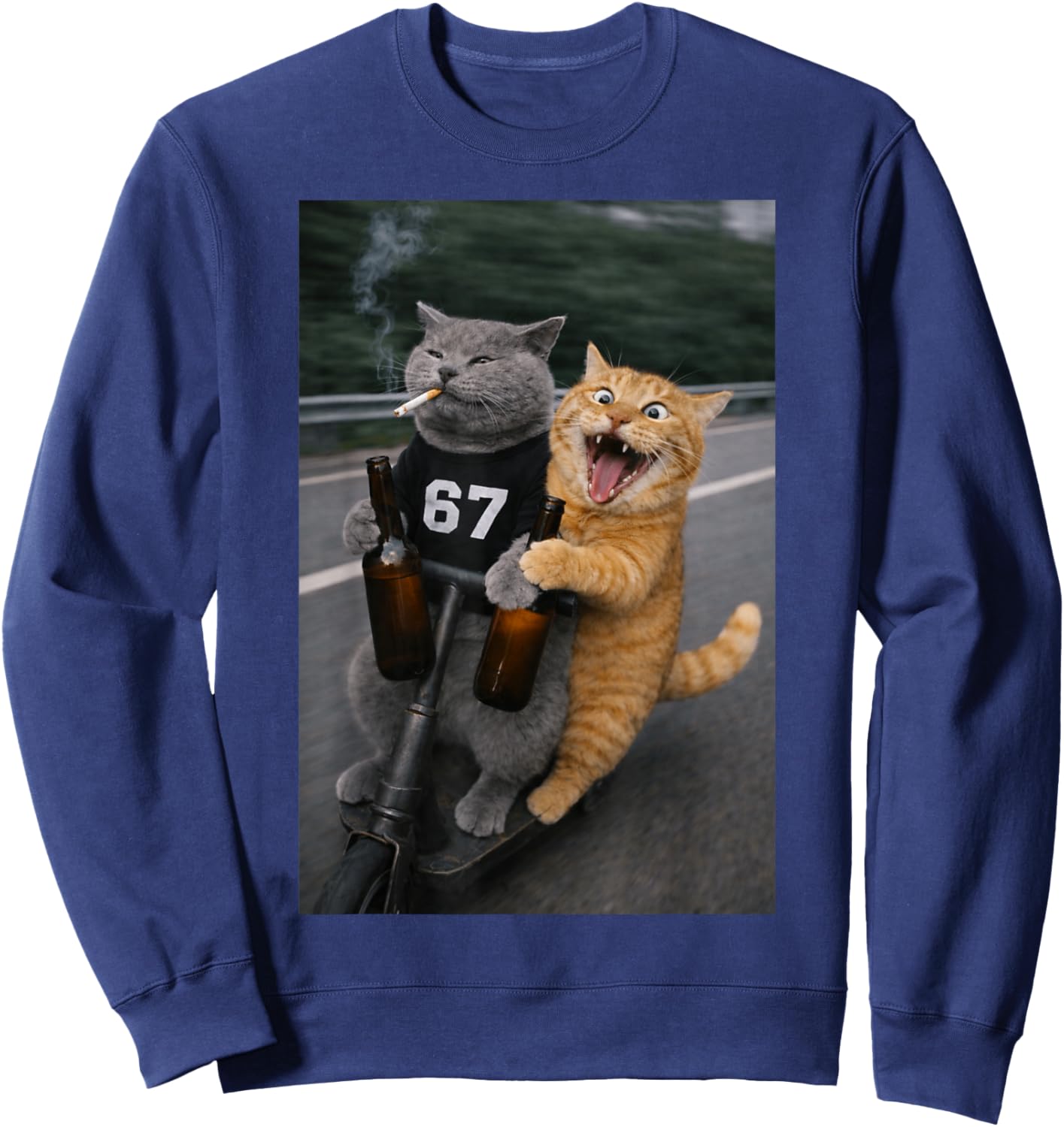 Funny cat Smoking Cigarette and Drinking Wearing 67 Sweatshirt - Sweatshirt | Navy