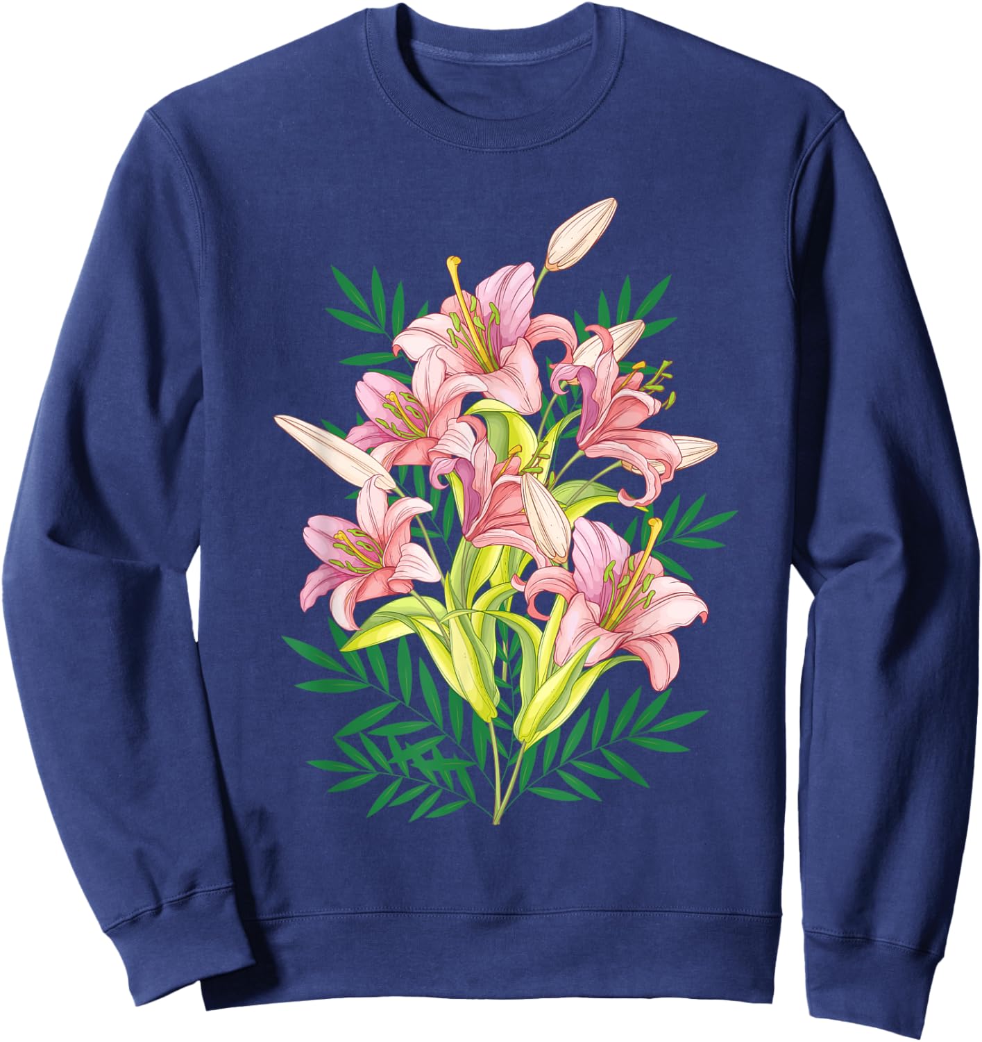 Variety of Lillies Graphic Flower Print Flowered Sweatshirt - Sweatshirt | Navy