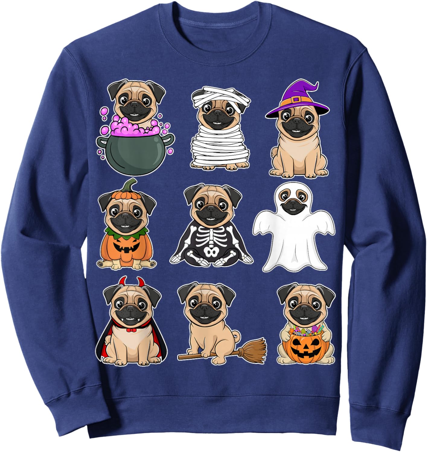 Pug Halloween Costume Spooky Ghost Pumpkin Pug Halloween Sweatshirt - Sweatshirt | Navy
