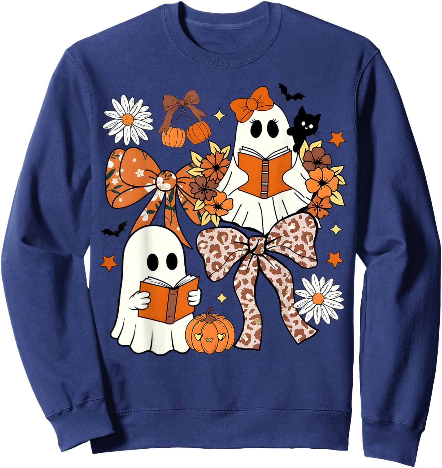Ghost Reading Books Leopard Pumpkin Coquette Bow Halloween Sweatshirt - Sweatshirt | Navy