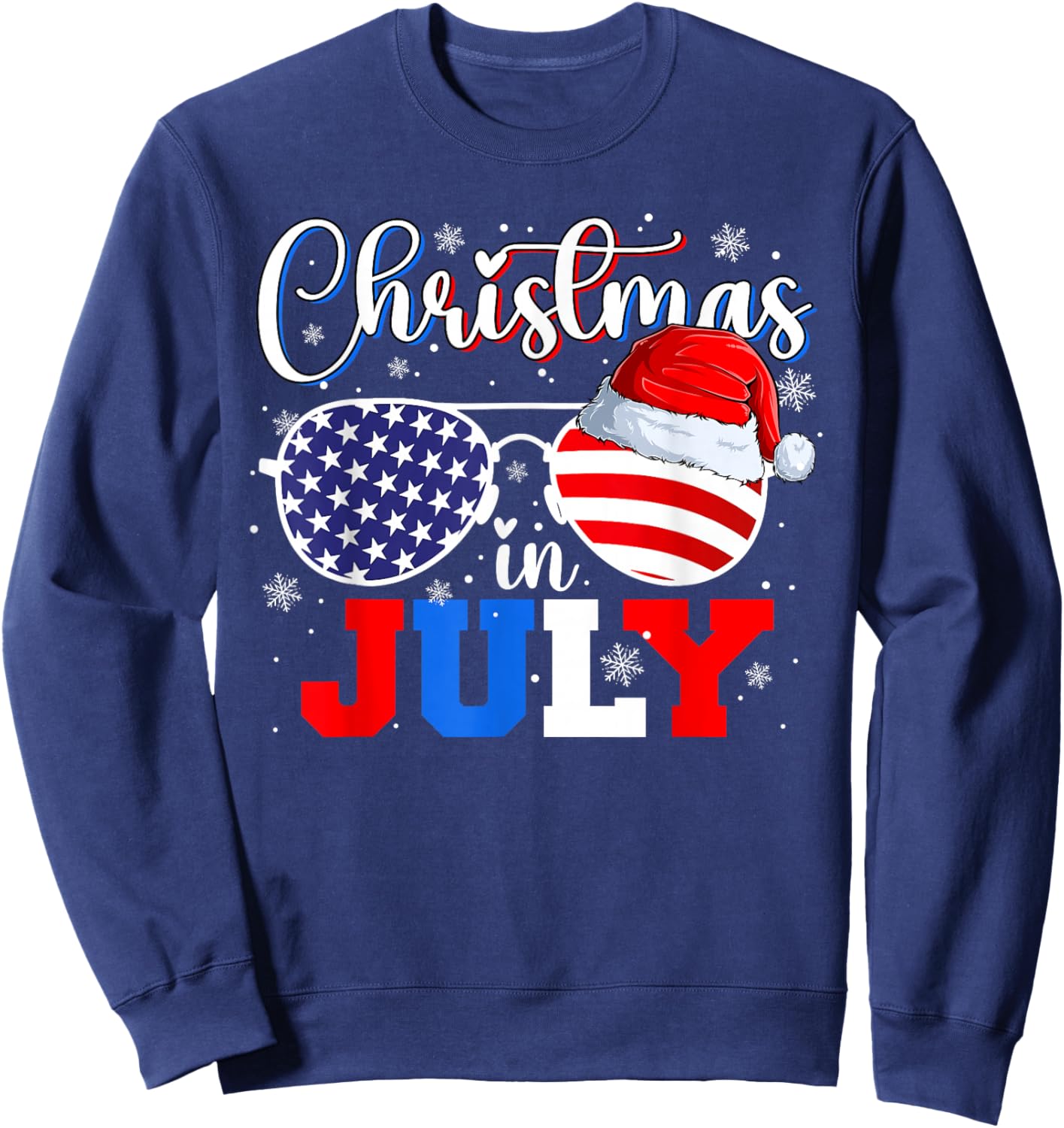 Christmas in July Santa Hat Sunglasses USA Flag 4th of July Sweatshirt - Sweatshirt | Navy