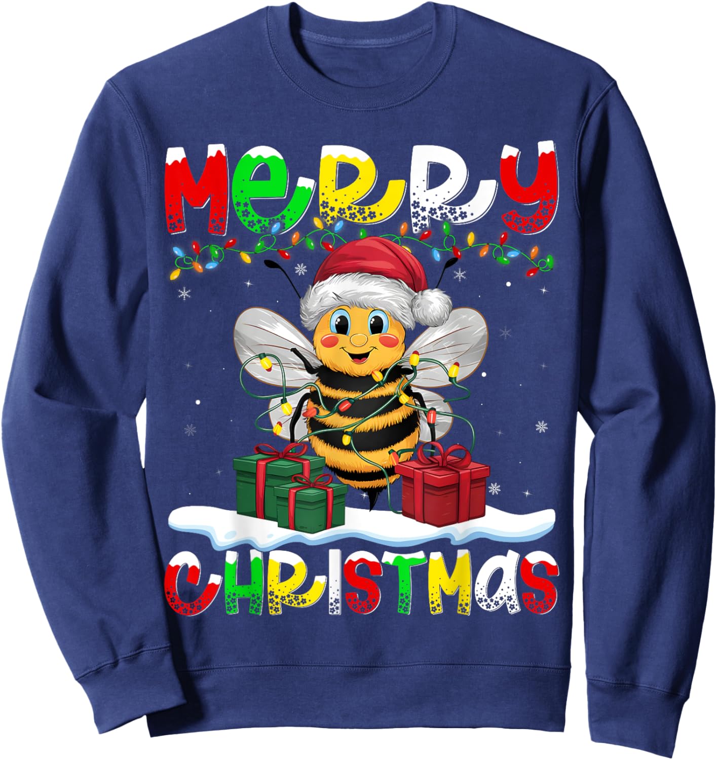 Xmas Lighting Santa Hat Bee Merry Christmas Sweatshirt - Sweatshirt | Navy