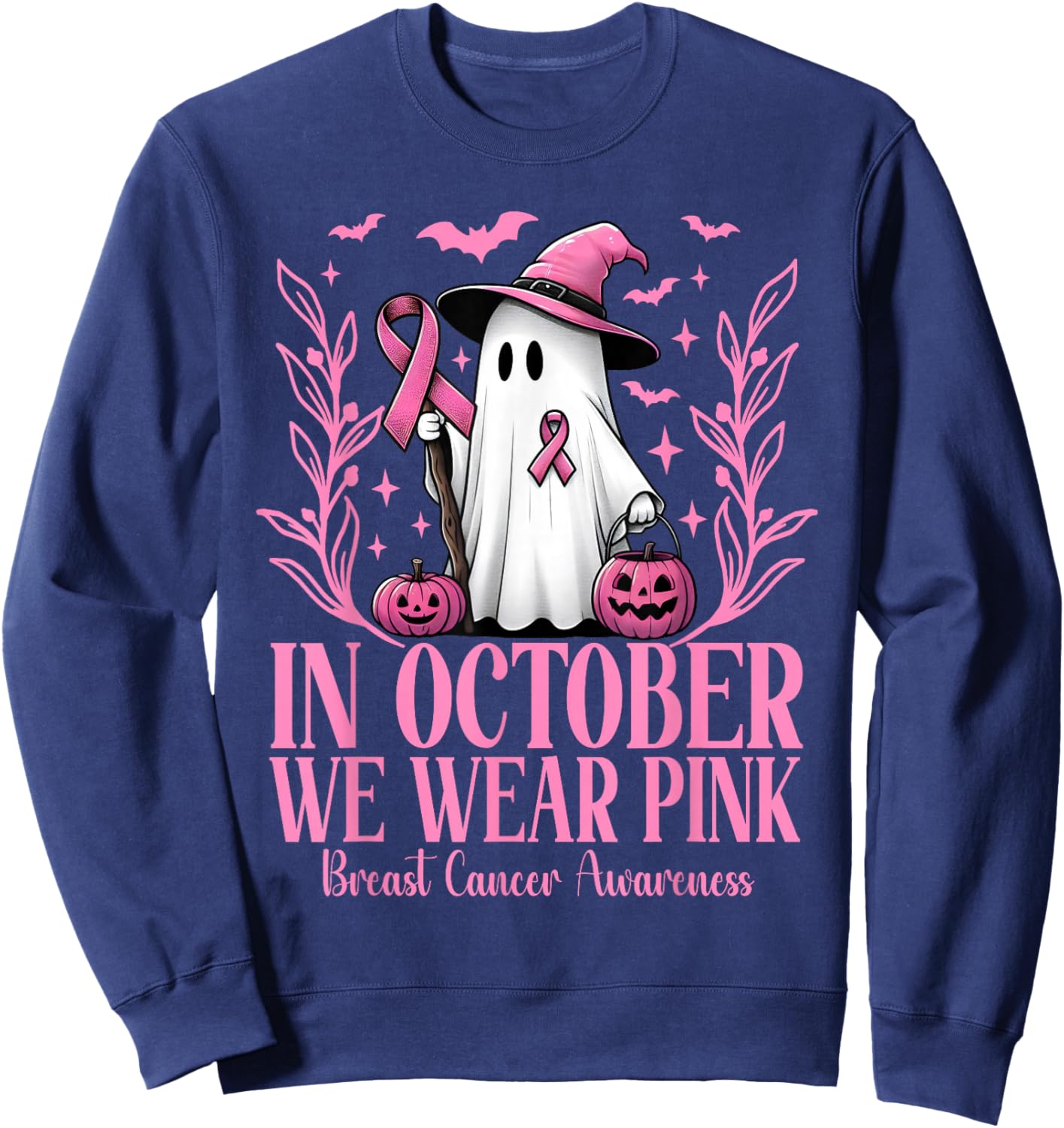 In October We Wear Pink Breast Cancer Witch Ghost Halloween Sweatshirt - Sweatshirt | Navy