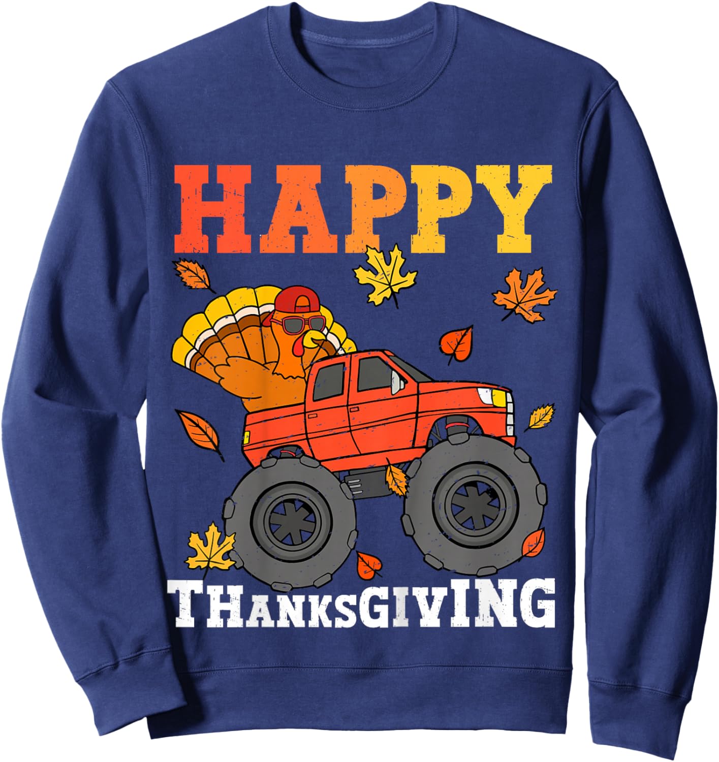 Kids Monster Truck Turkey Happy Thanksgiving Kids Toddler Boys Sweatshirt - Sweatshirt | Navy