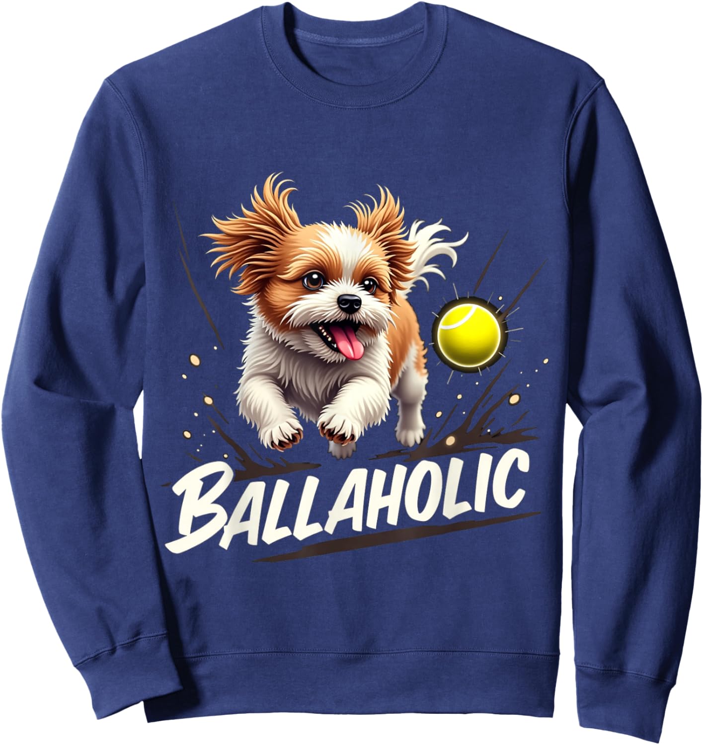 Funny Ballaholic Shih Tzu Dog Chasing Ball Sweatshirt - Sweatshirt | Navy