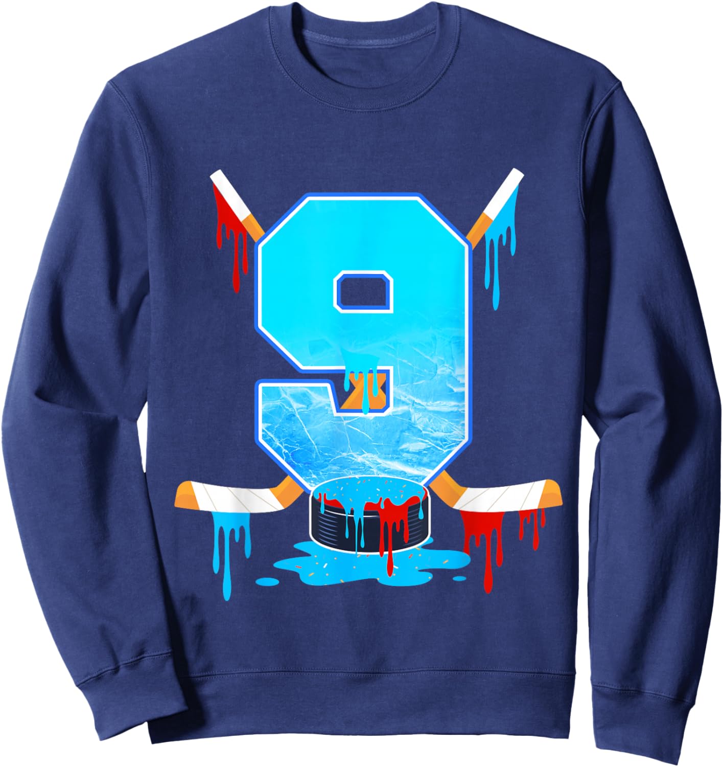 9 Year Old Boys 9th Birthday Ice Hockey Ice Cream Drip Sweatshirt - Sweatshirt | Navy