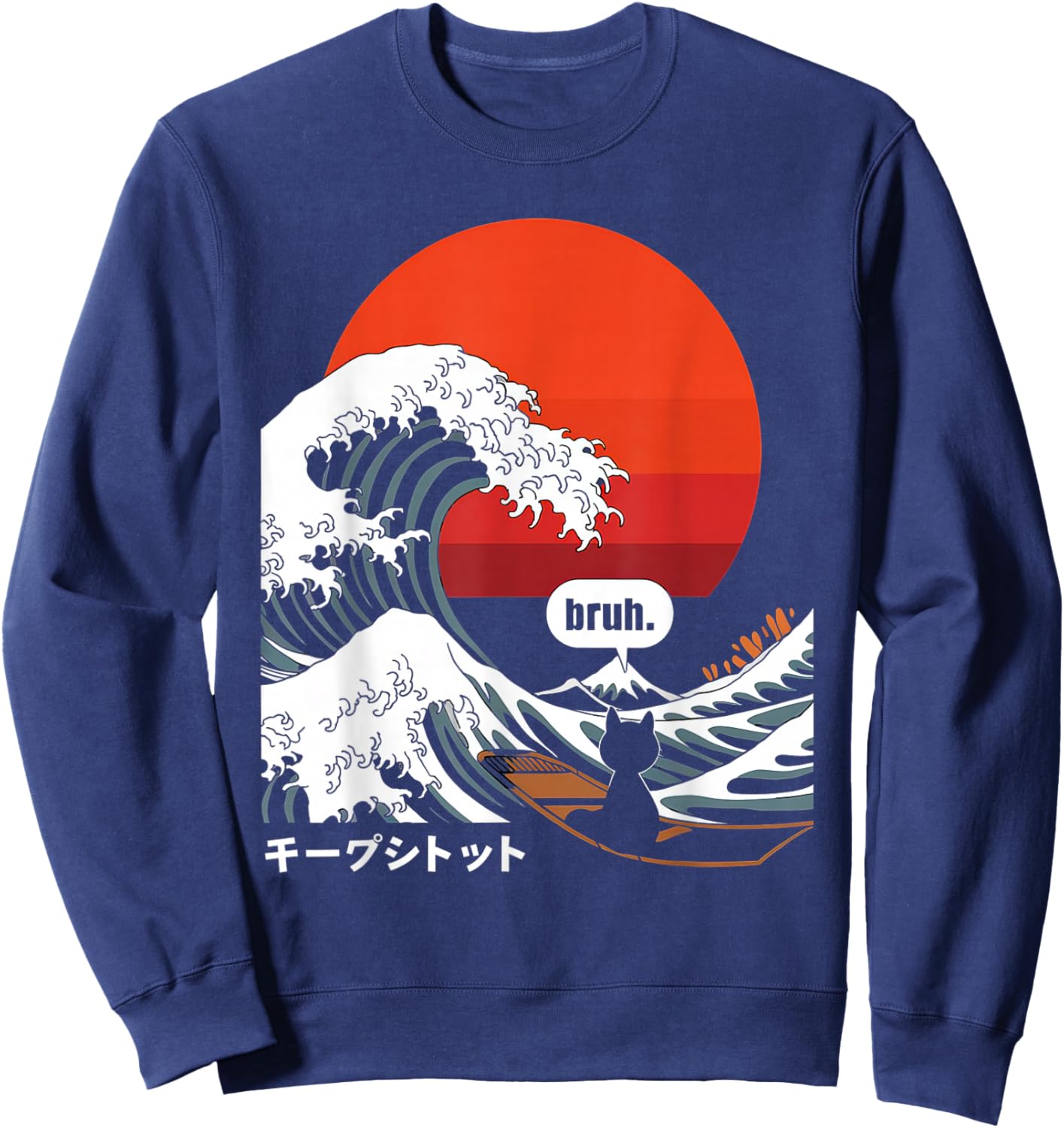 Japonais Bruh Great Wave Cat Japon Rétro Sweatshirt - Sweatshirt | Navy
