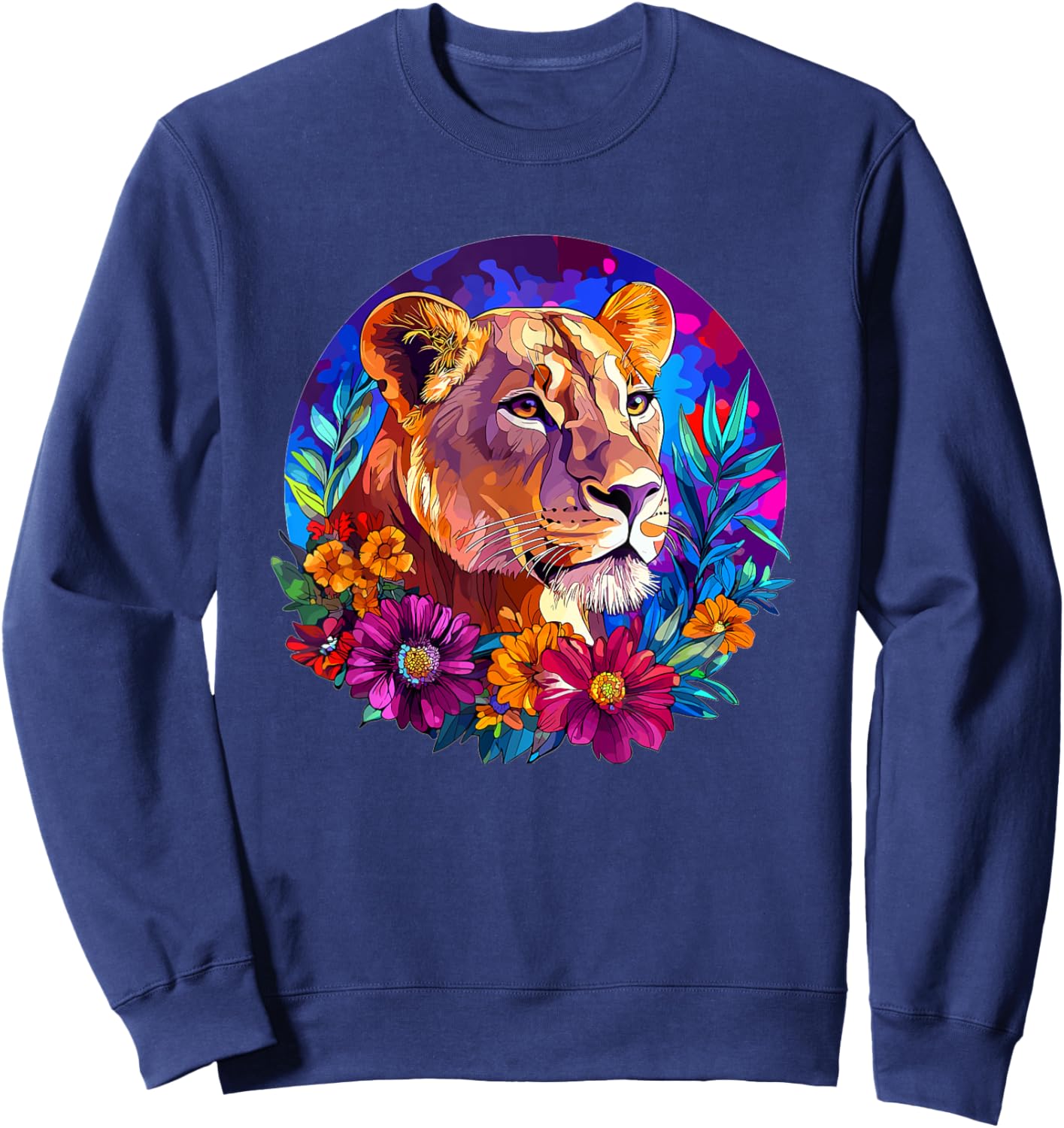 Lioness in Vibrant Floral Jungle Sweatshirt - Sweatshirt | Navy