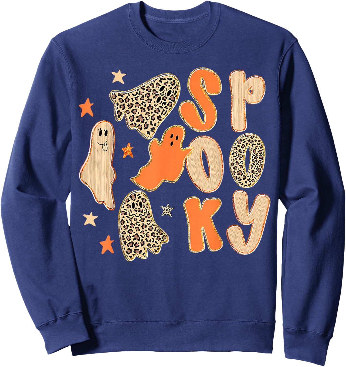 Preppy Leopard Halloween Horror Spooky Season Ghost Boo Girl Sweatshirt - Sweatshirt | Navy