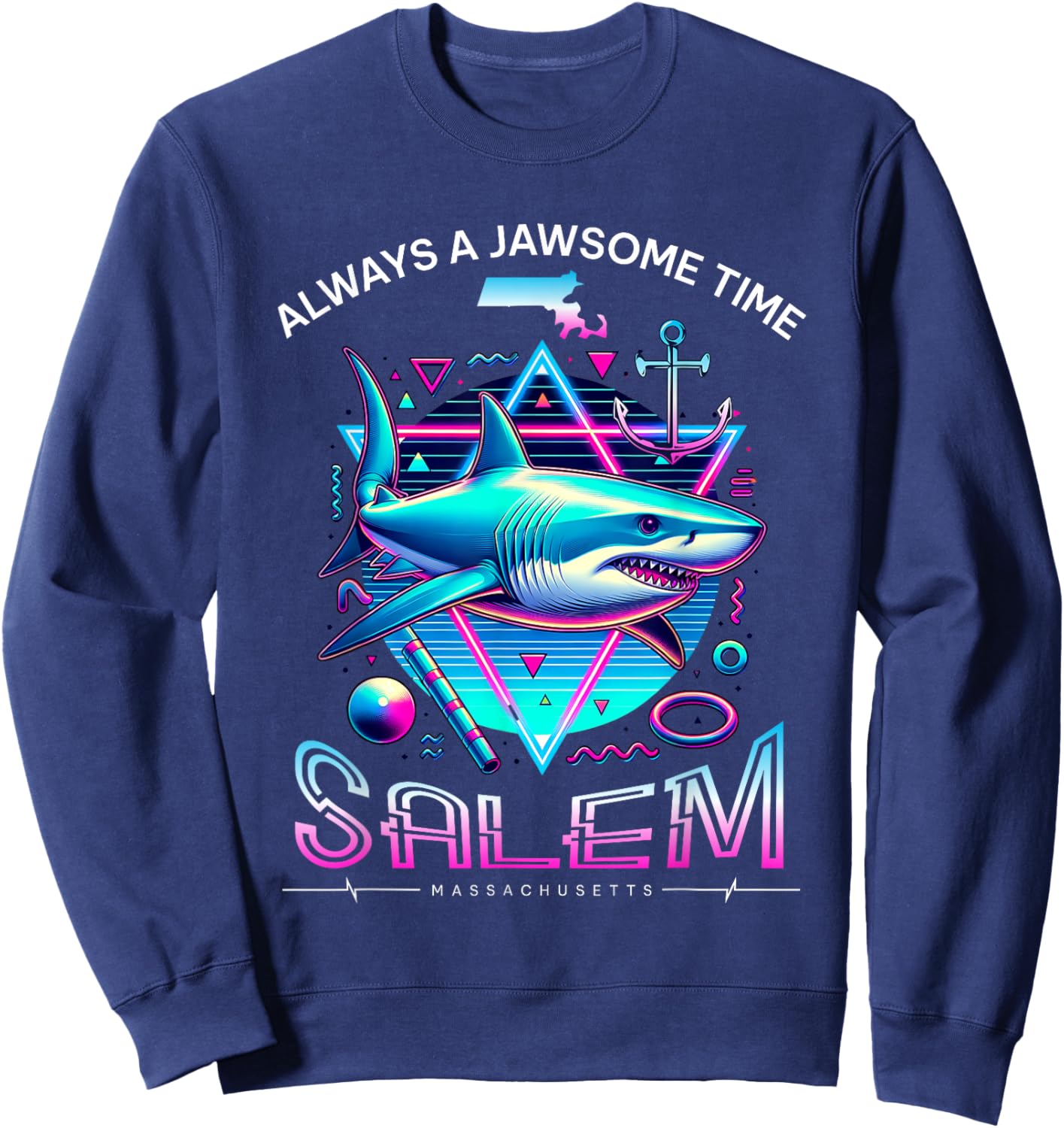 Salem MA Shark Retro 80s Funny Souvenir Sweatshirt - Sweatshirt | Navy