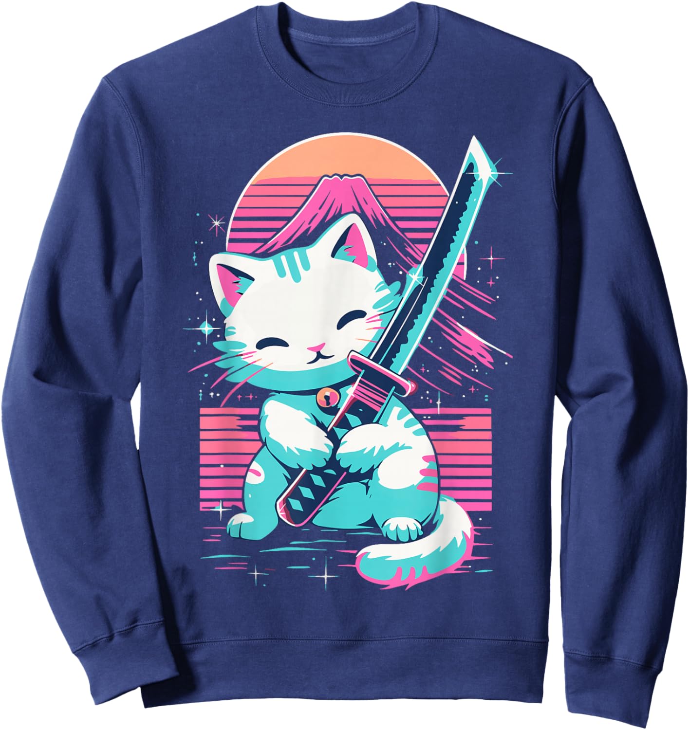 Cat With Katana Sword Japan Cat Samurai Japanese Sweatshirt - Sweatshirt | Navy