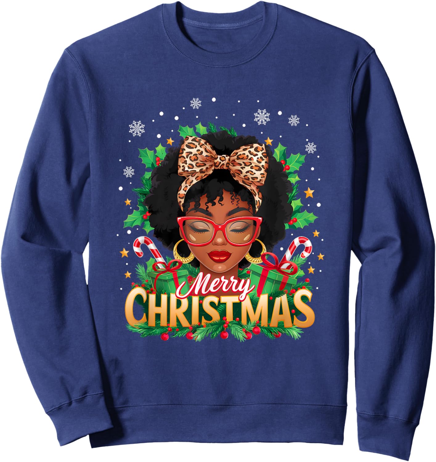 Merry Christmas African American Black Women Afro Messy Bun Sweatshirt - Sweatshirt | Navy