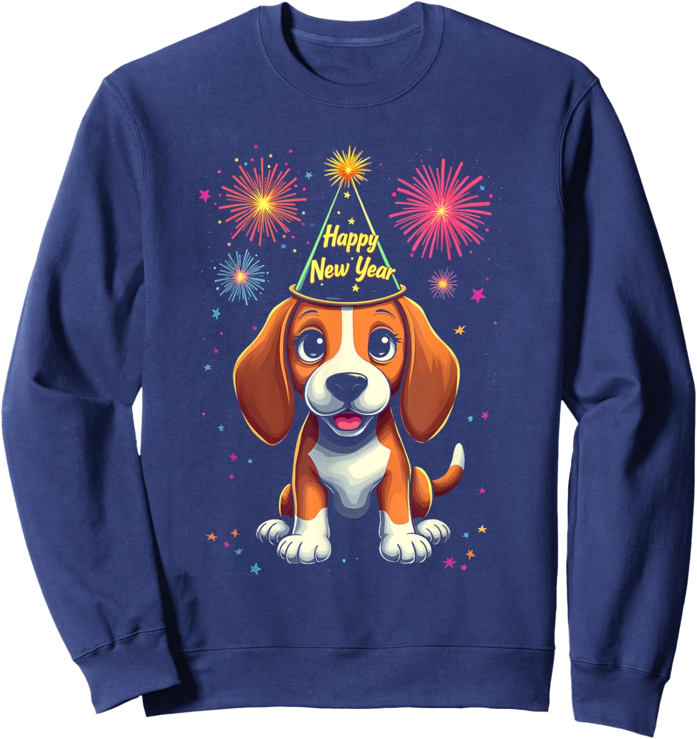 Happy New Year 2025 Eve Firework Dog Funny Beagle Sweatshirt - Sweatshirt | Navy