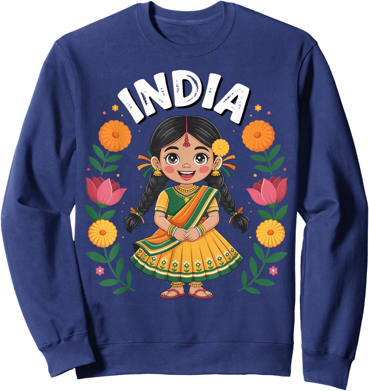 India Flag Culture Pride Cute Indian Girl for Kids Sweatshirt - Sweatshirt | Navy