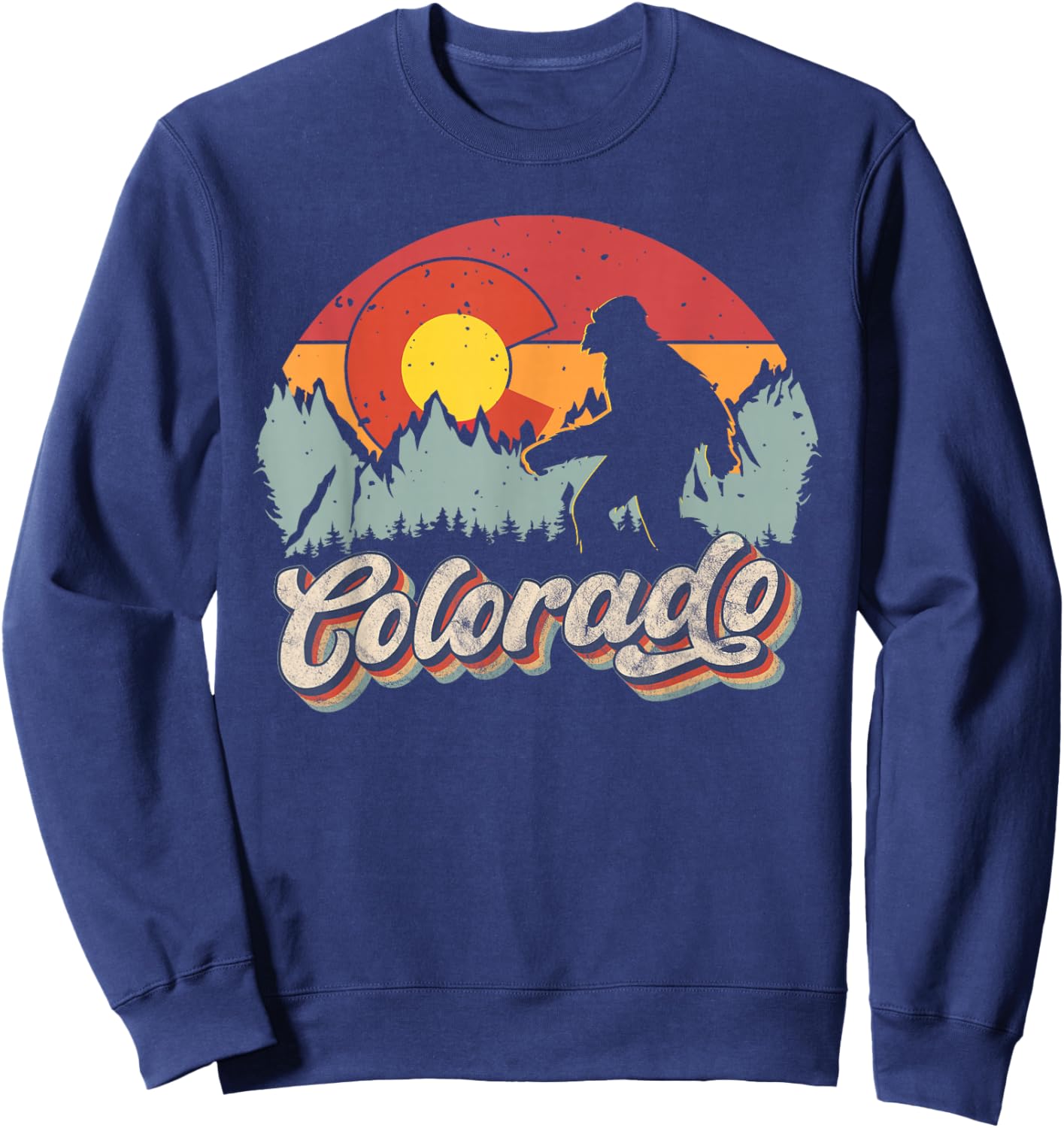 Colorado Mountain Hiking Bigfoot Camping Retro 80s Sasquatch Sweatshirt - Sweatshirt | Navy