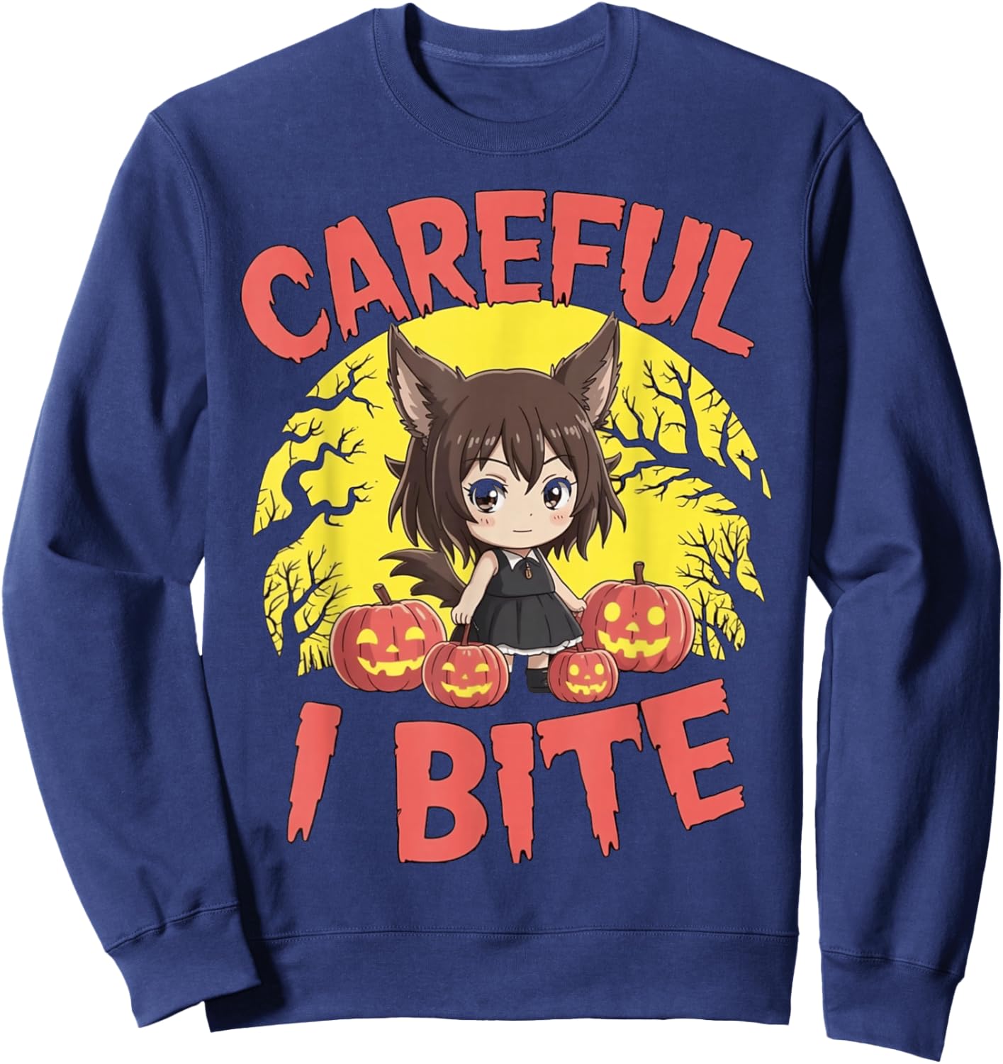Halloween Anime Werewolf Girl Careful I Bite Cute Kids Wolf Sweatshirt - Sweatshirt | Navy