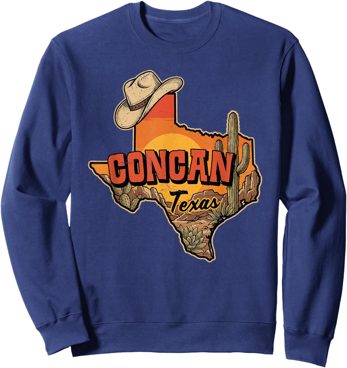 Concan Texas Vintage Cowboy Hat Desert Cactus Sunset Sweatshirt - Sweatshirt | Navy