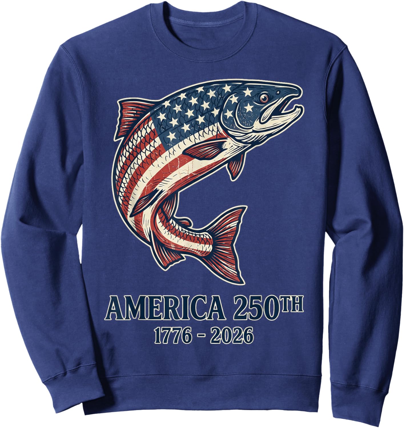 Patriotic Leaping Fish US Flag Salmon Graphic Sweatshirt - Sweatshirt | Navy