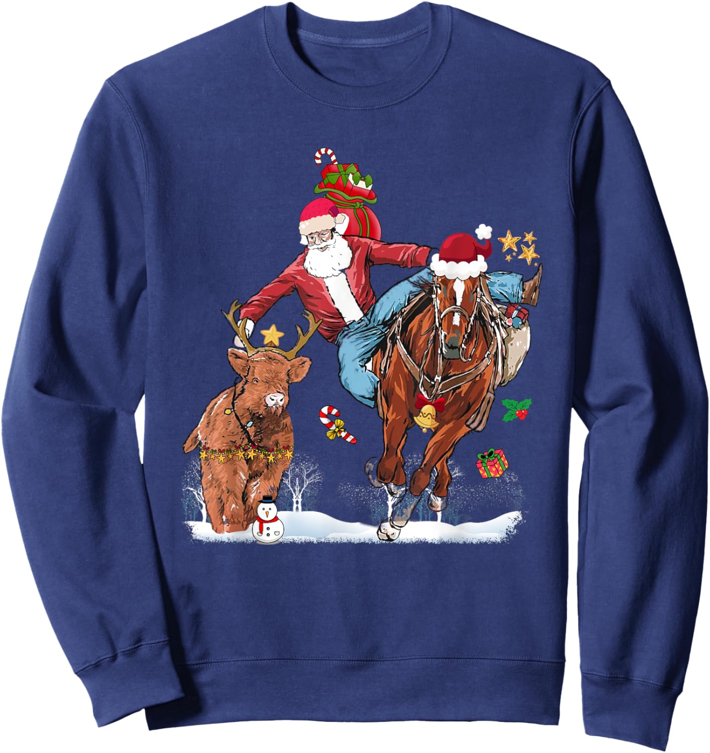 Cowboy Santa Bulldogging Western Cowboy Xmas Funny Christmas Sweatshirt - Sweatshirt | Navy