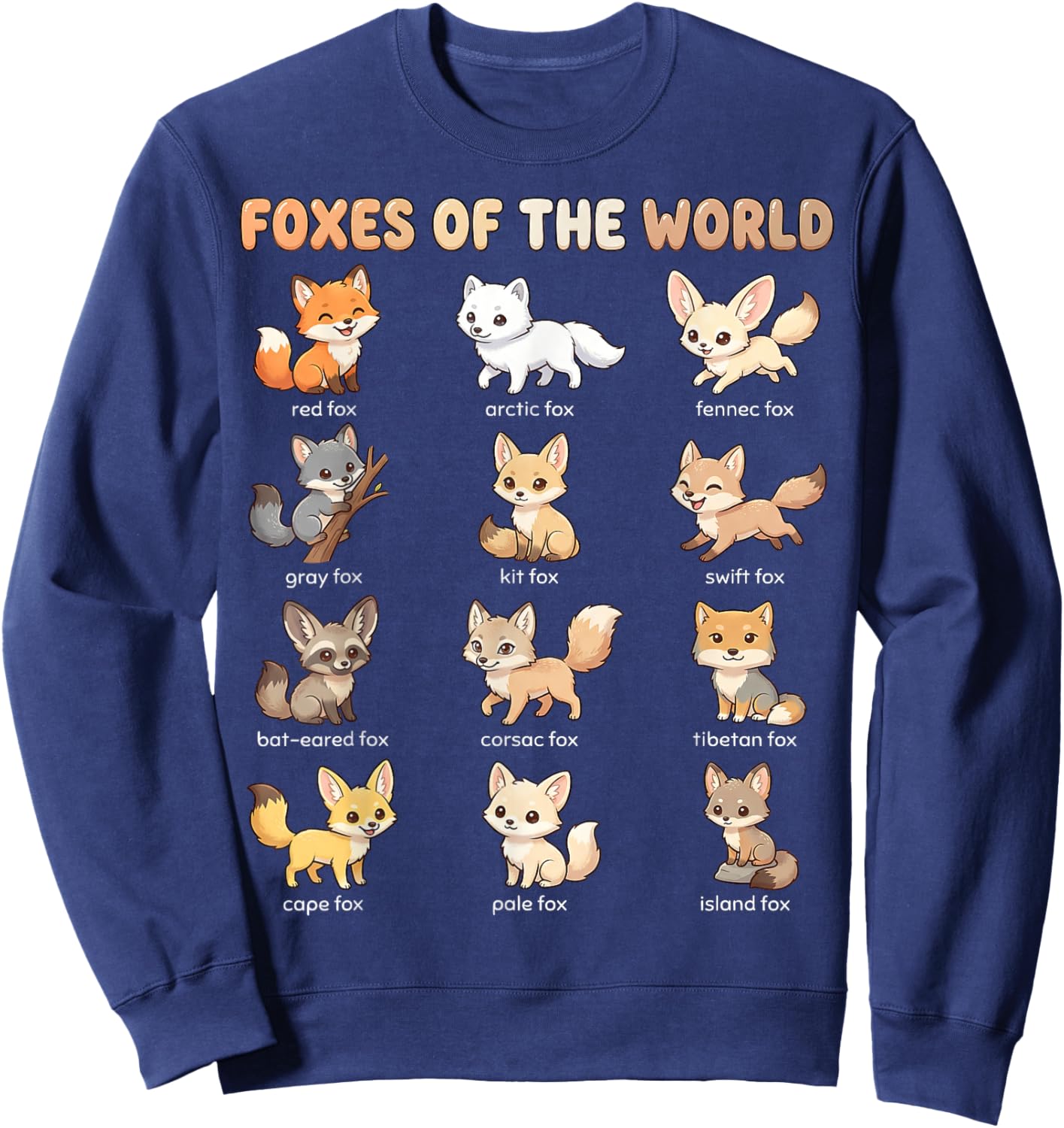 Foxes of the World Names Chart for Kids Cute Fox Species Sweatshirt - Sweatshirt | Navy