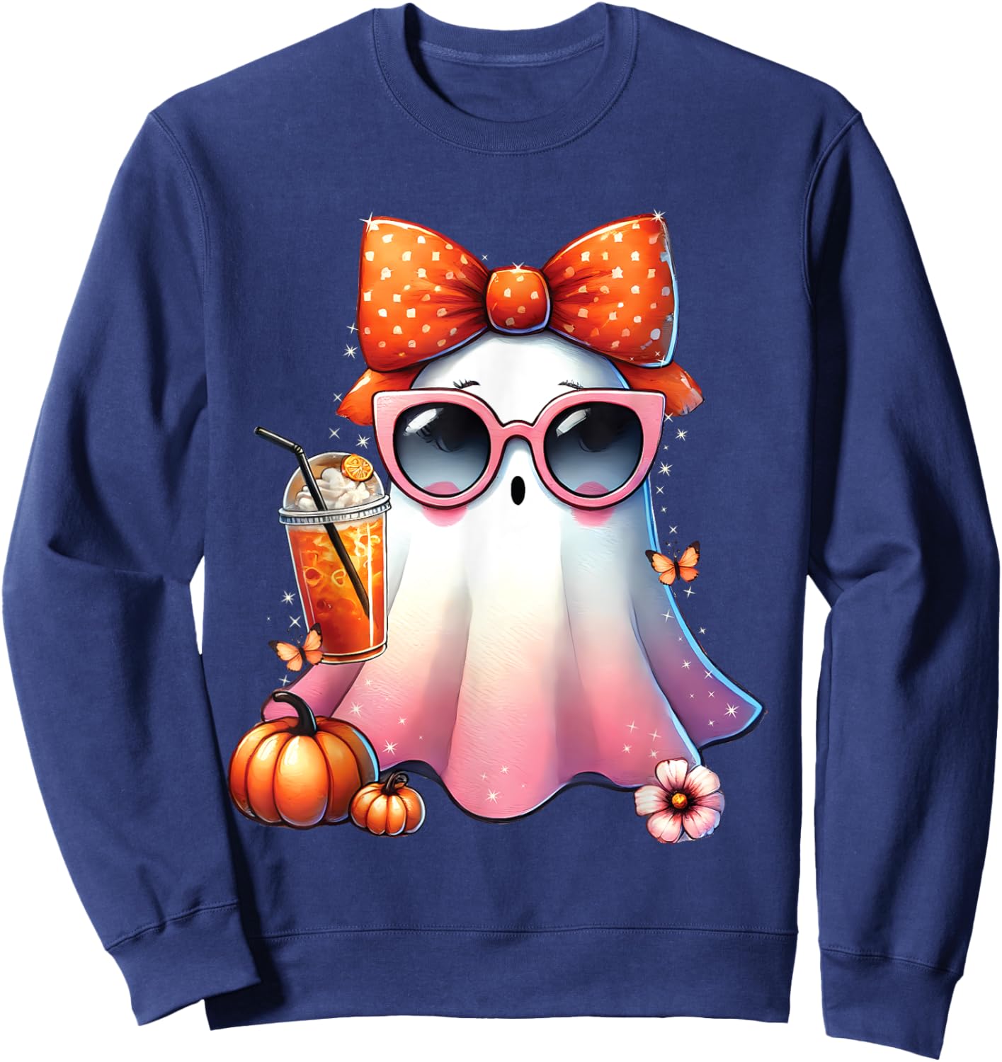 Cute Ghost Drinking Coffee With Halloween Bow Women Girls Sweatshirt - Sweatshirt | Navy