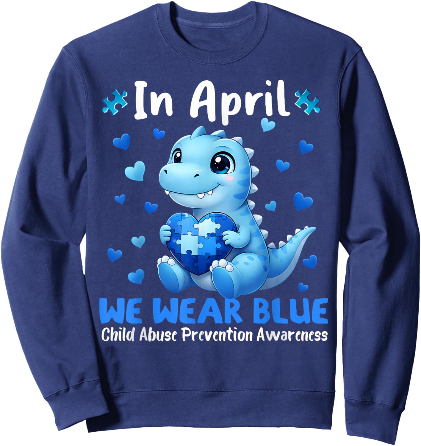 April We Wear Blue Puzzle Dinosaur Child Abuse Prevention Sweatshirt - Sweatshirt | Navy