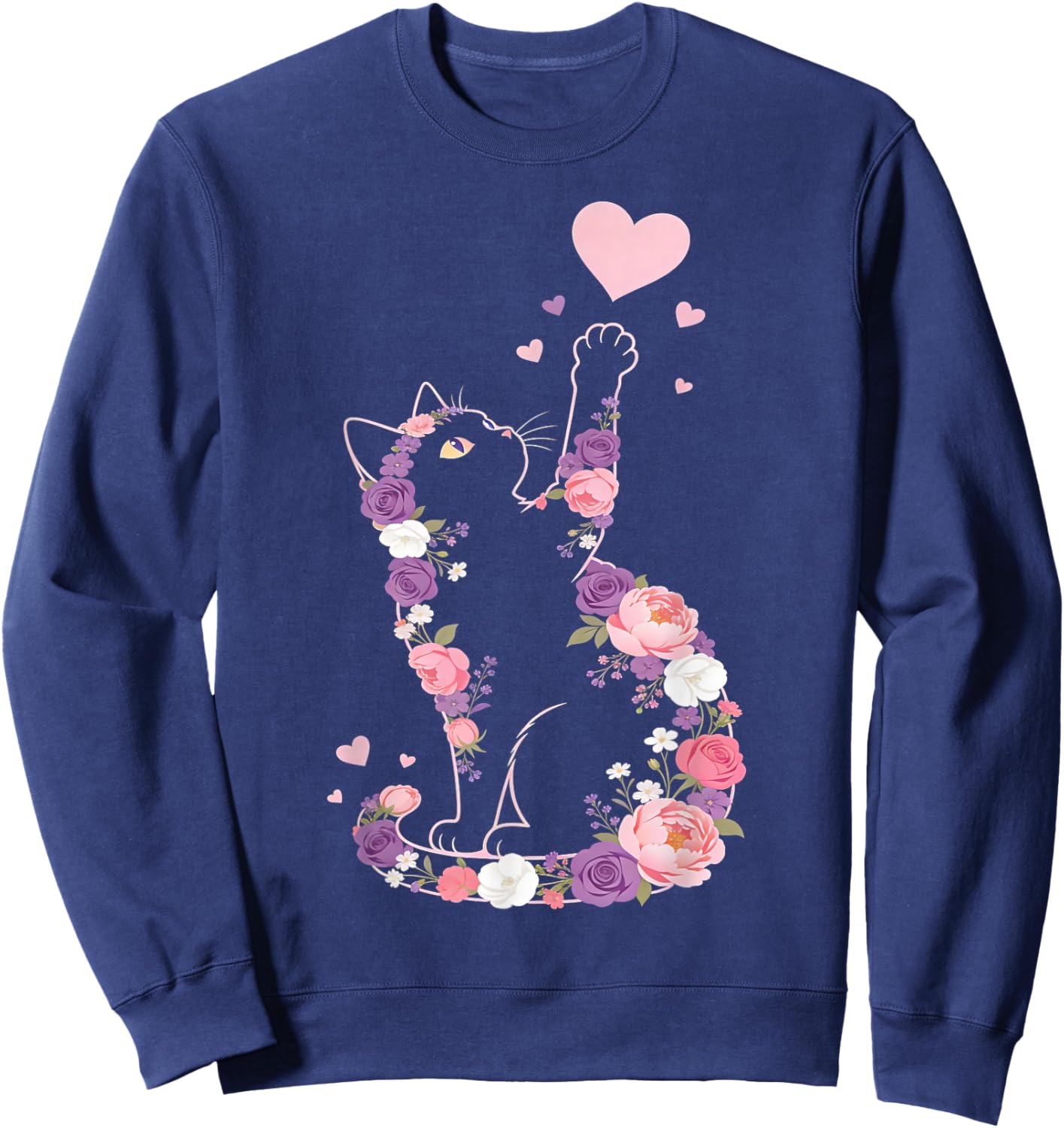 Cute Flower Cat Owners Artwork with Hearts and Roses Sweatshirt - Sweatshirt | Navy