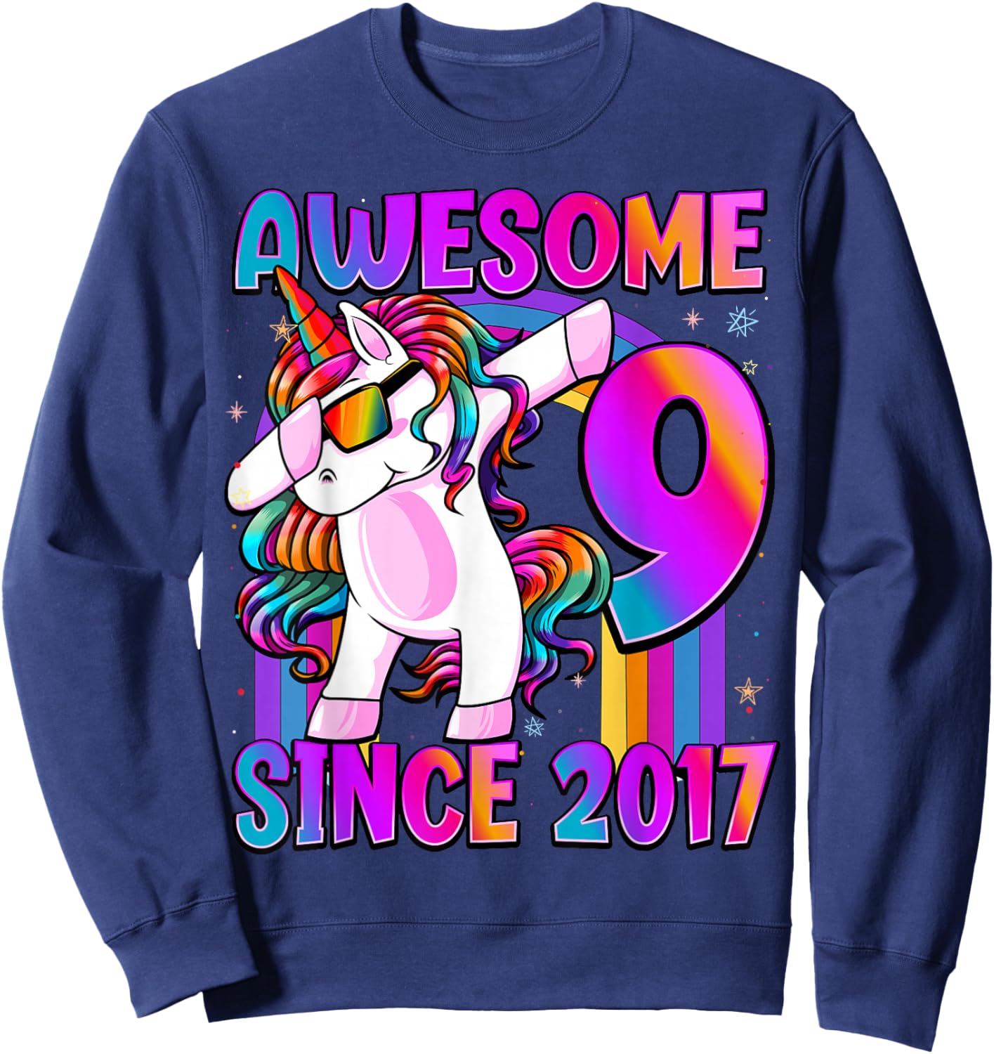 9 Year Old Girl Awesome Since 2017 Unicorn 9th Birthday Sweatshirt - Sweatshirt | Navy