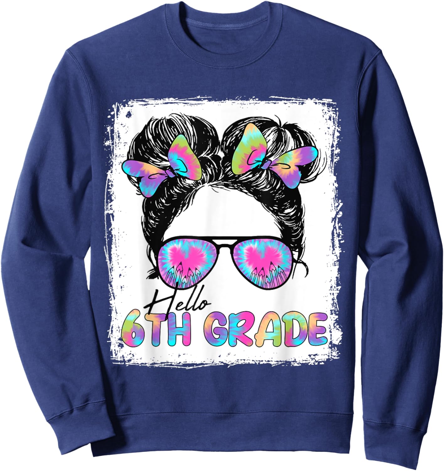 Hello 6th Grade Messy Hair Bun Girl Back To School First Day Sweatshirt - Sweatshirt | Navy