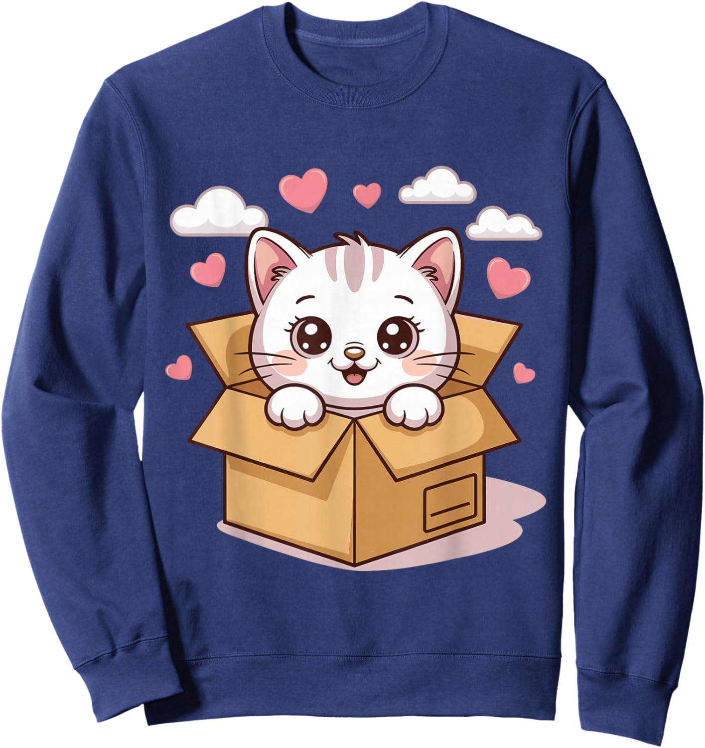 Kawaii Pastel Cat Box Cute White Kitty Aesthetic Animal Sweatshirt - Sweatshirt | Navy