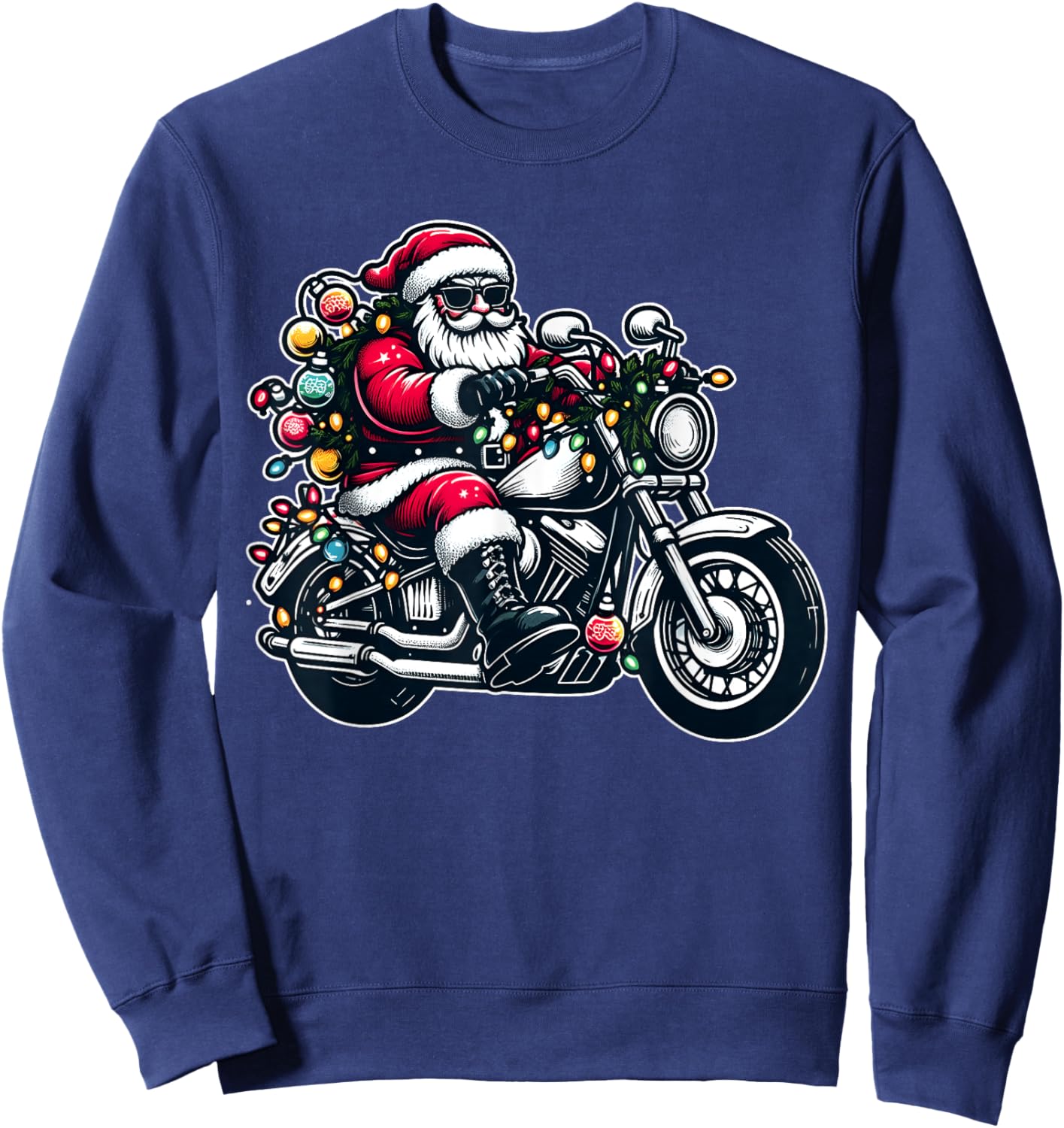 Santa Claus on Motorcycle Funny Biker Christmas Xmas Lights Sweatshirt - Sweatshirt | Navy
