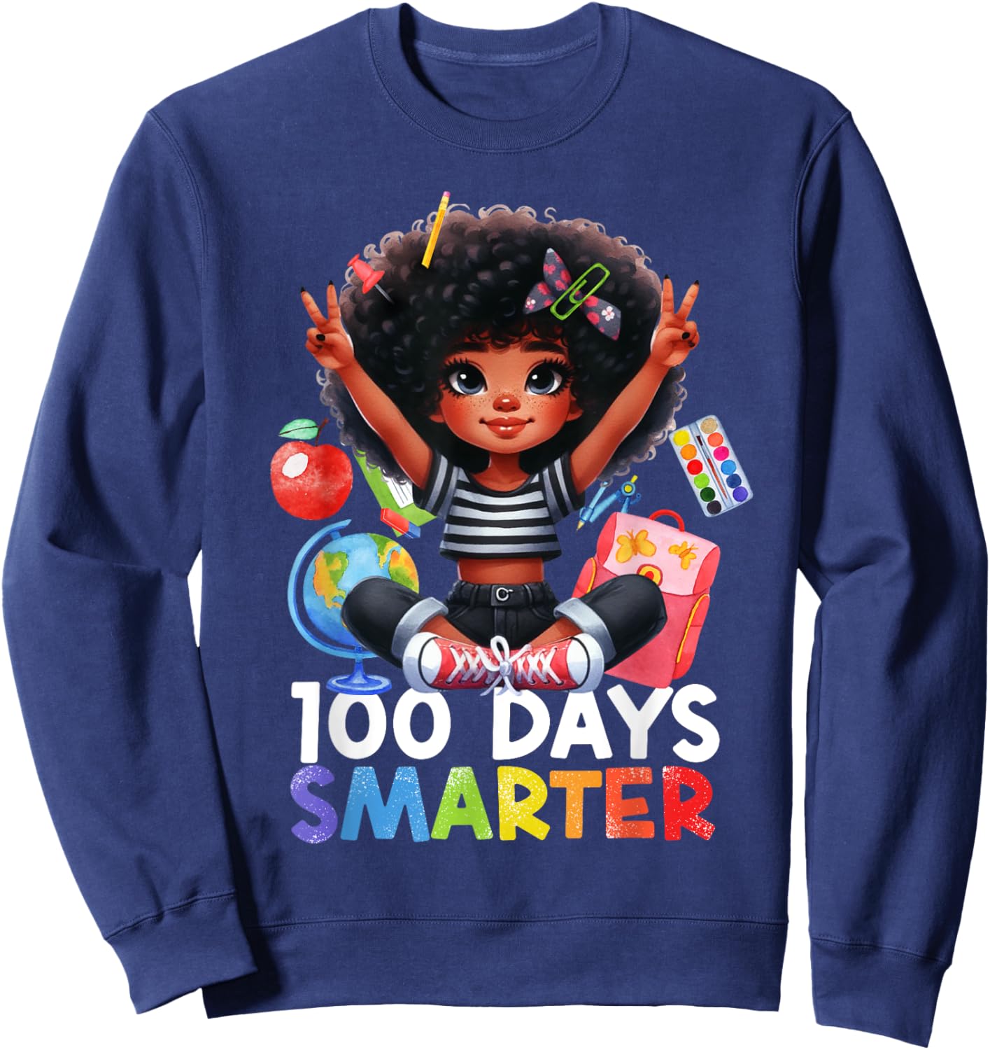 100th Day of School Afro Girls Messy Bun Hair Funny Girls Sweatshirt - Sweatshirt | Navy