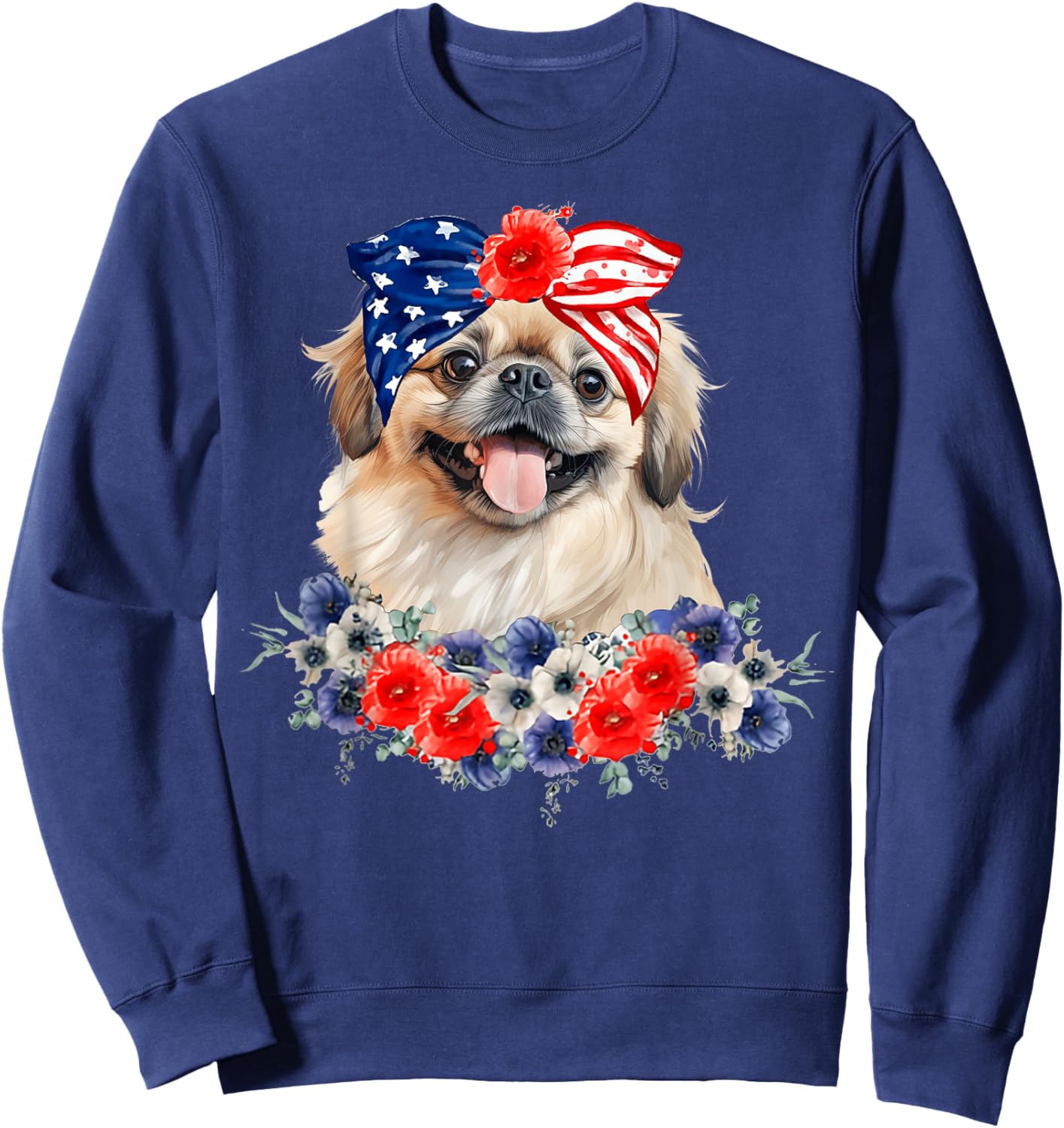 Pekingese Dog Bandana American Flag 4th Of July Women Kids Men Sweatshirt - Sweatshirt | Navy