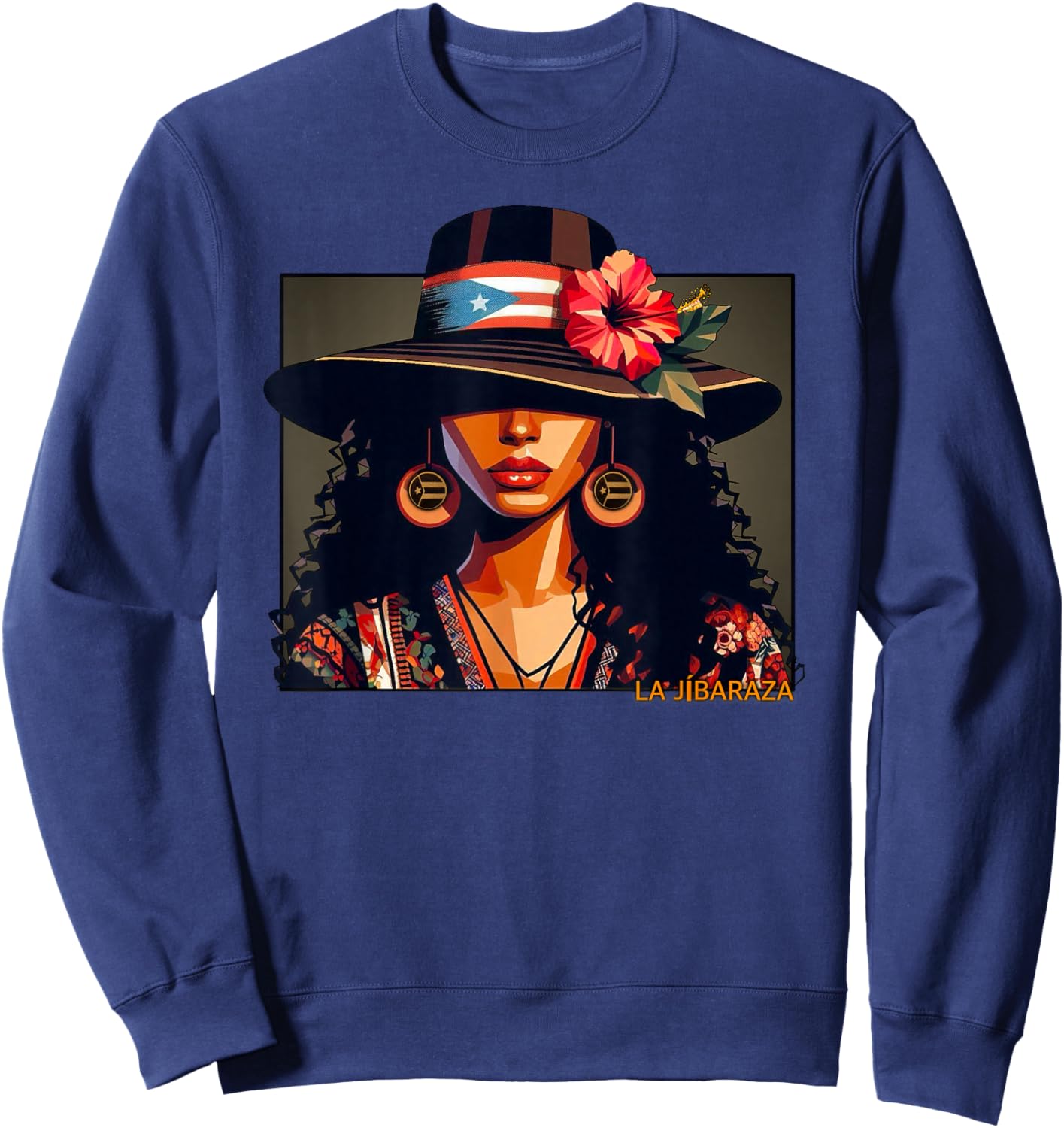 Jibara, Boricua Flag, Puerto Rican Hibiscus Flower Sweatshirt - Sweatshirt | Navy