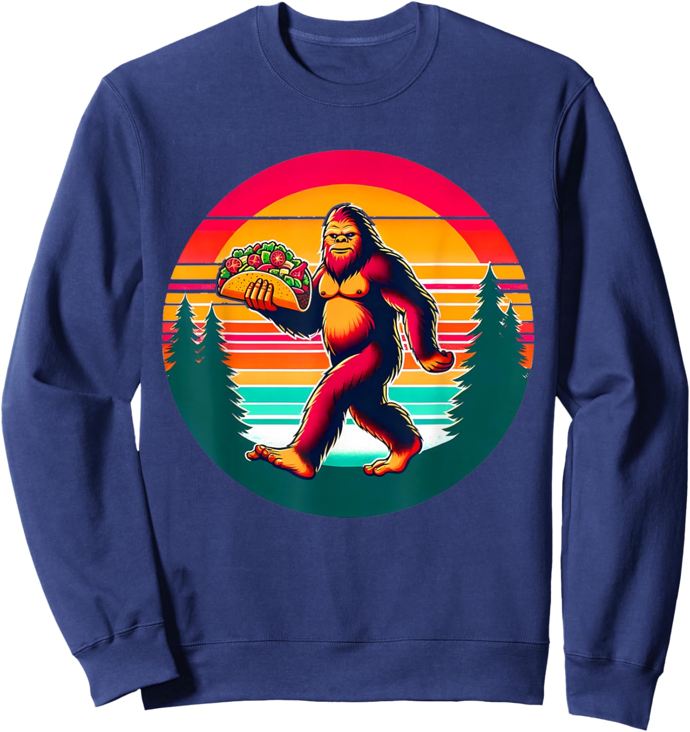 Funny Vintage Big Foot aka Sasquatch Holding a Taco Sweatshirt - Sweatshirt | Navy
